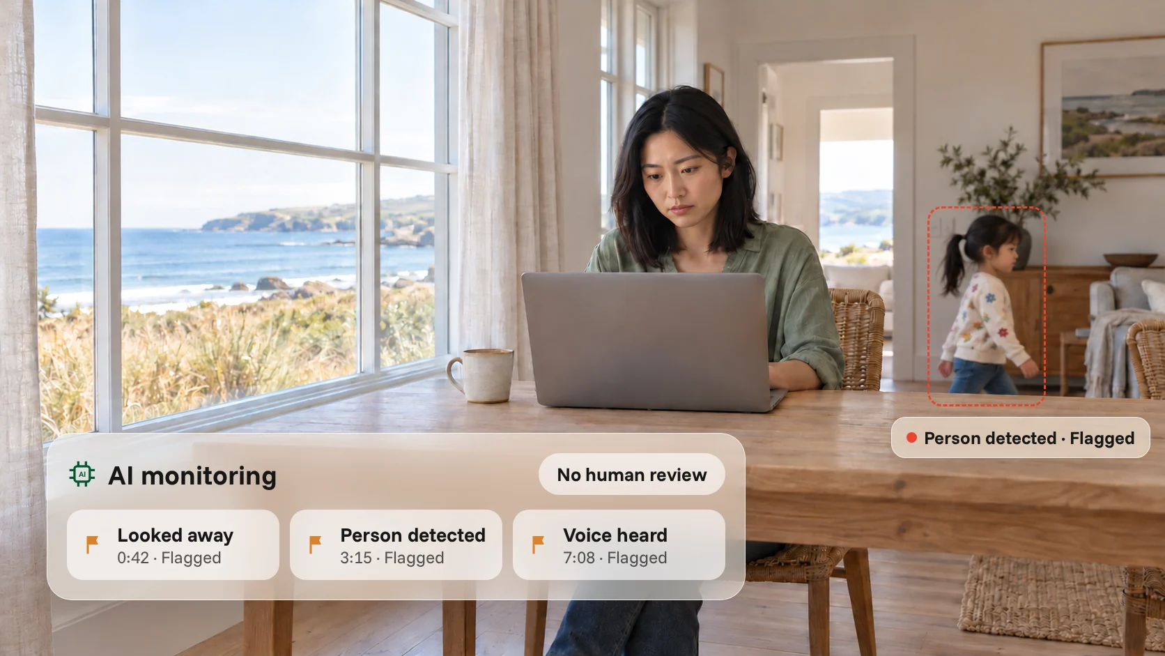 Person taking an online exam at a laptop by a window, with AI monitoring flagging a glance away, movement and a voice, and no human review of those flags.