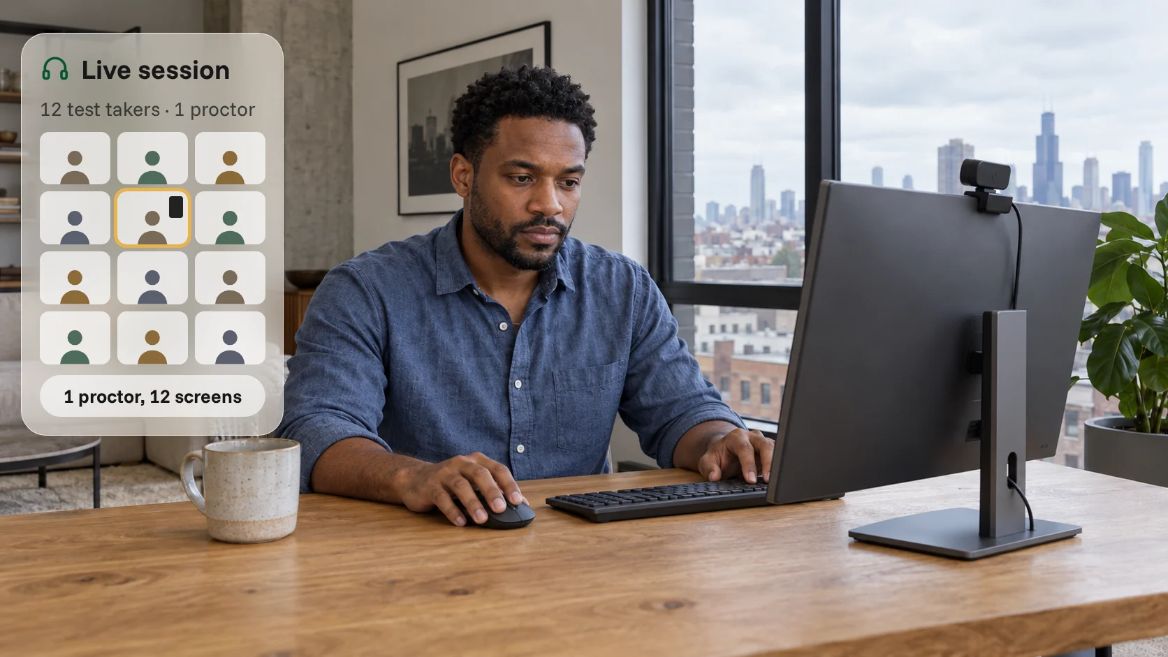 Person taking an online exam at a laptop in a city apartment, while one live proctor watches 12 test takers at once and a phone appears in one session.