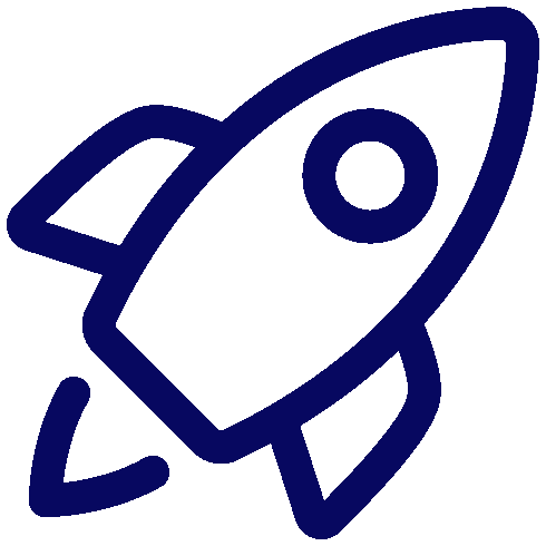 Simple dark blue line drawing of a rocket ship angled upward.