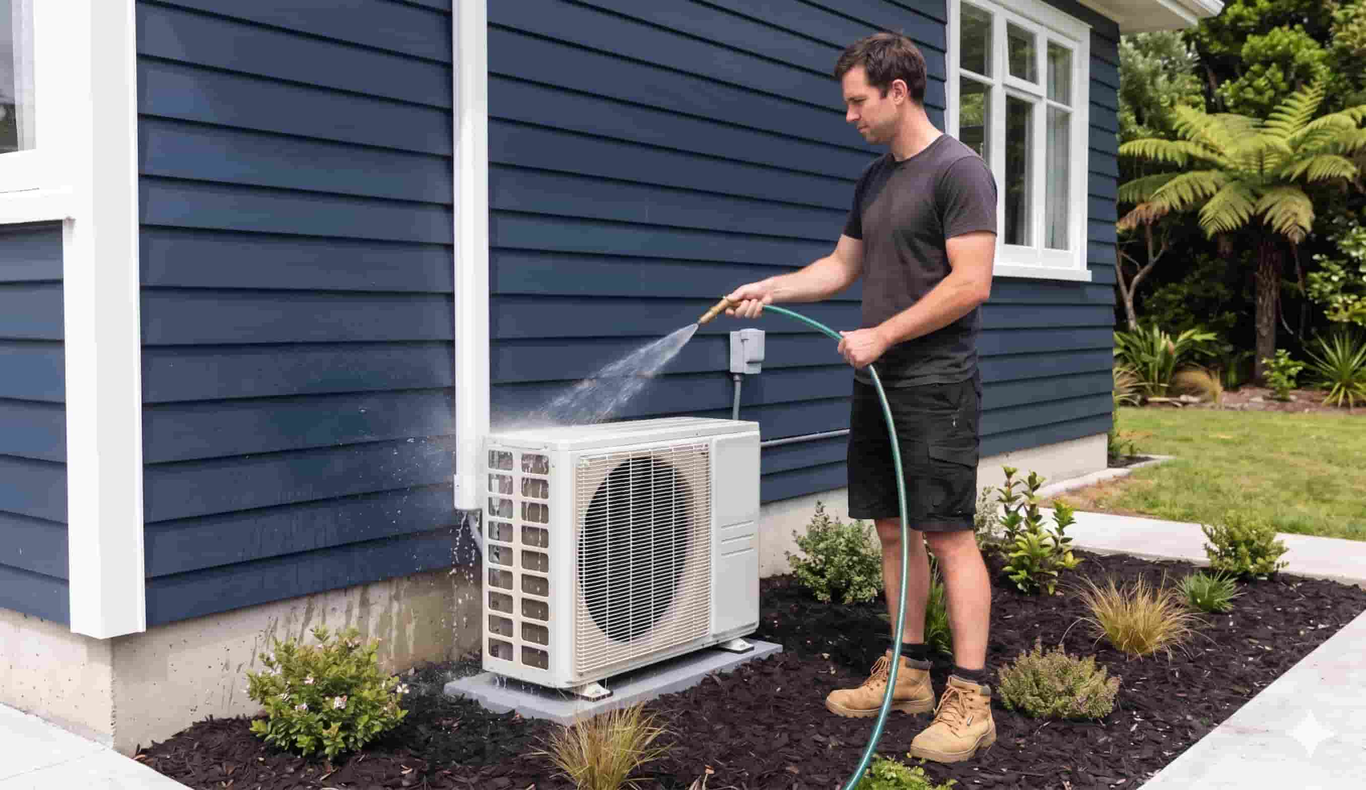 Man spraying heat pump outdoor unit with hose