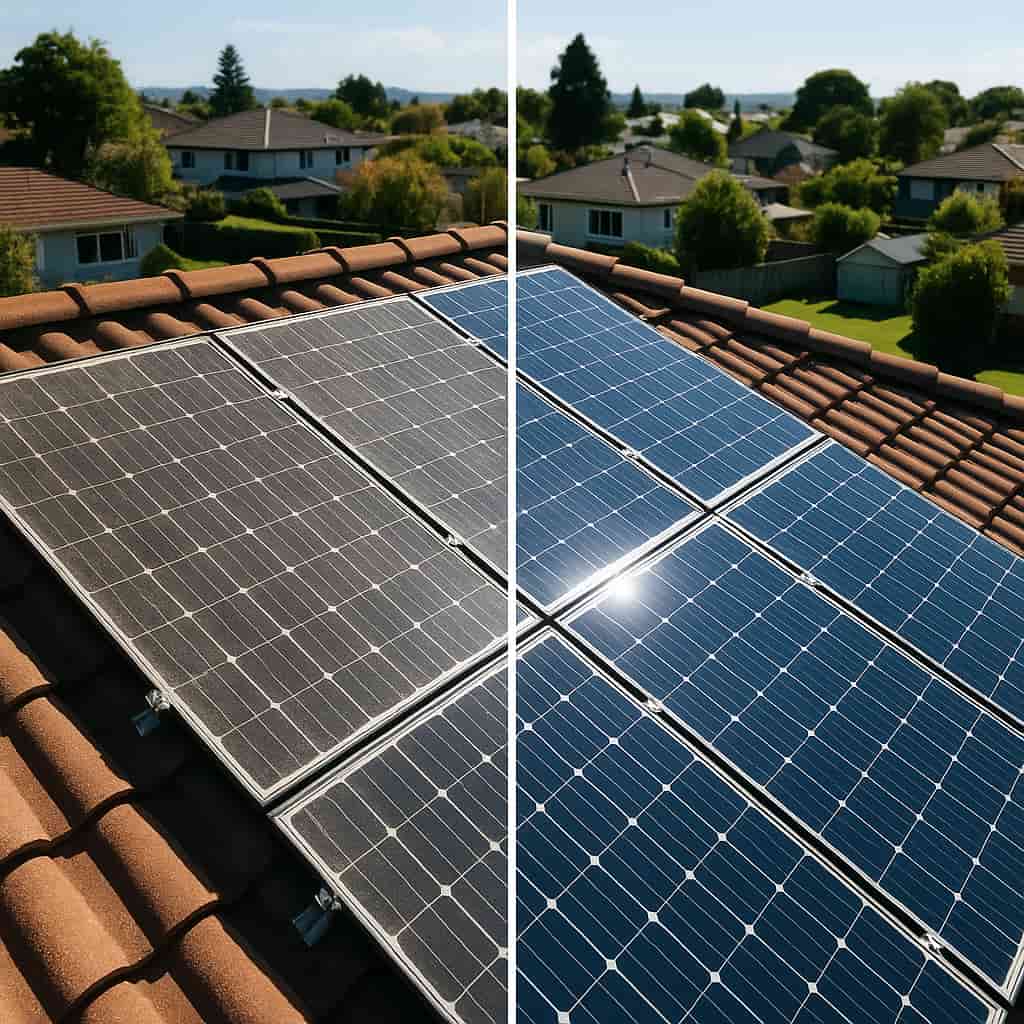 Before and after solar panel cleaning on a tiled roof in Auckland, showing heavily soiled panels on the left and clean panels reflecting sunlight on the right.