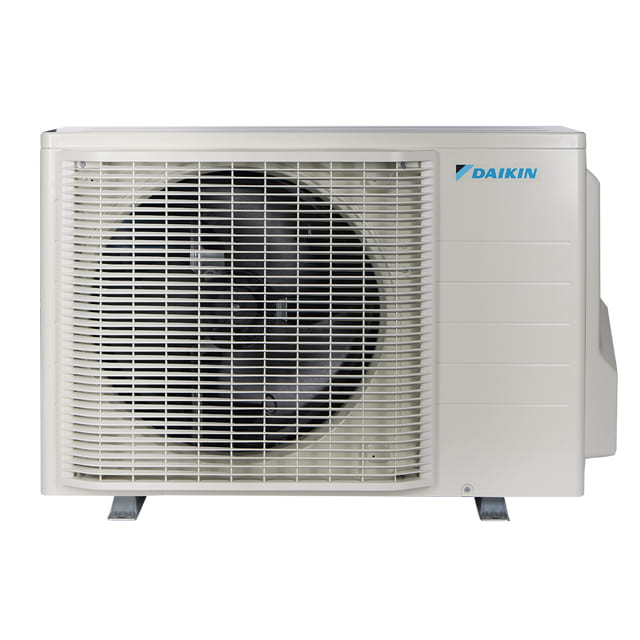 Daikin outdoor heat pump unit showing condenser fan grille and casing, front view