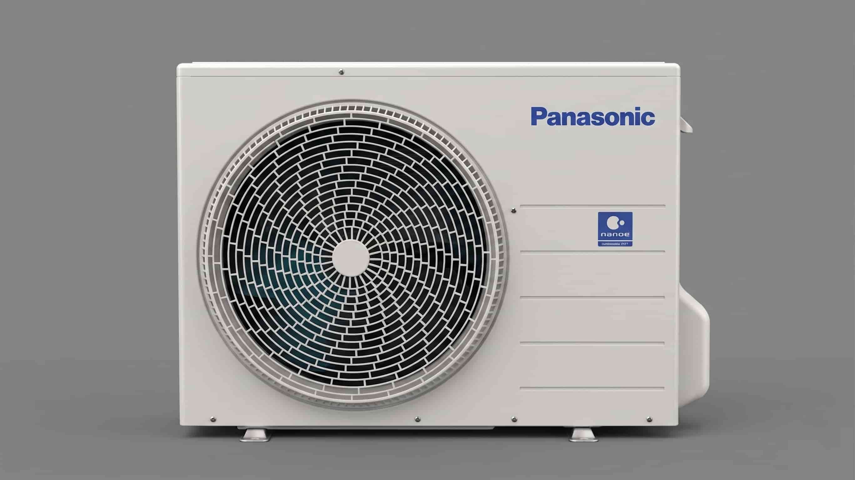 Panasonic outdoor heat pump unit showing fan grille and Nanoe-X badge, front view