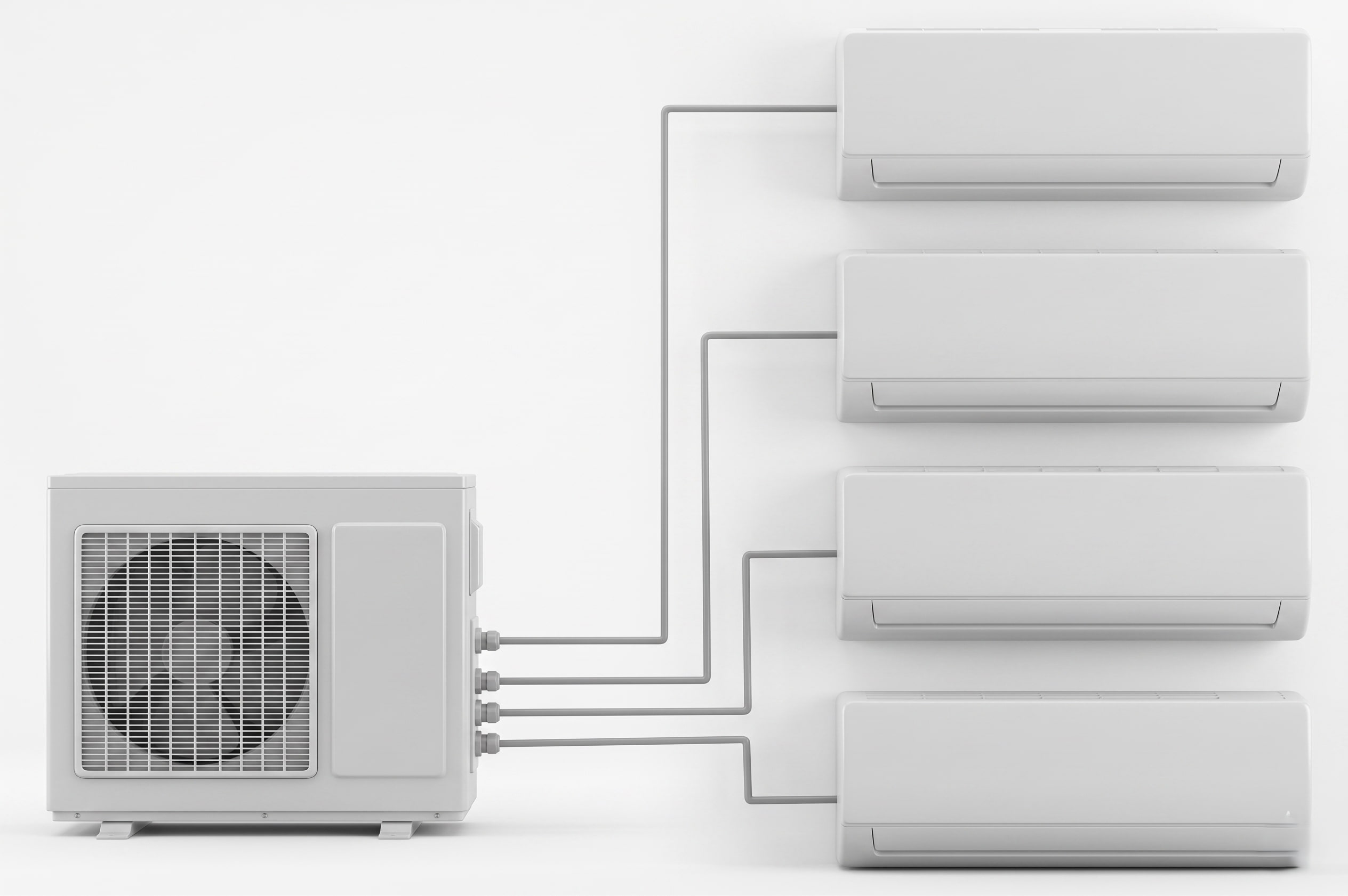 One outdoor unit connected by refrigerant lines to four wall-mounted indoor units, illustrating a multi-split heat pump system configuration.