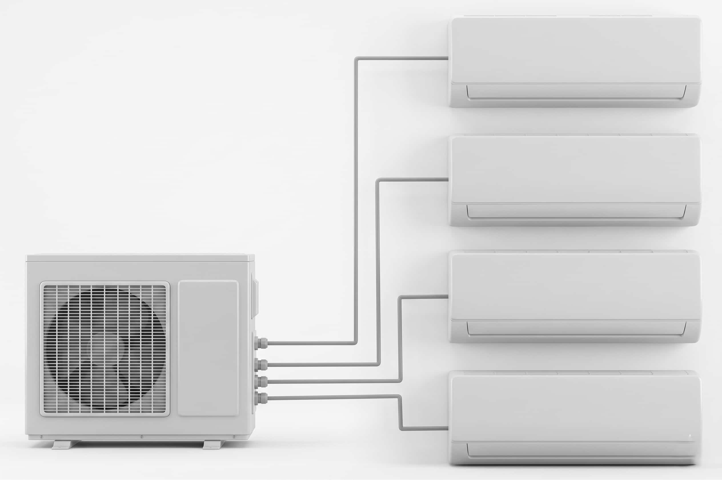 One outdoor unit connected by refrigerant lines to four wall-mounted indoor units, illustrating a multi-split heat pump system configuration.