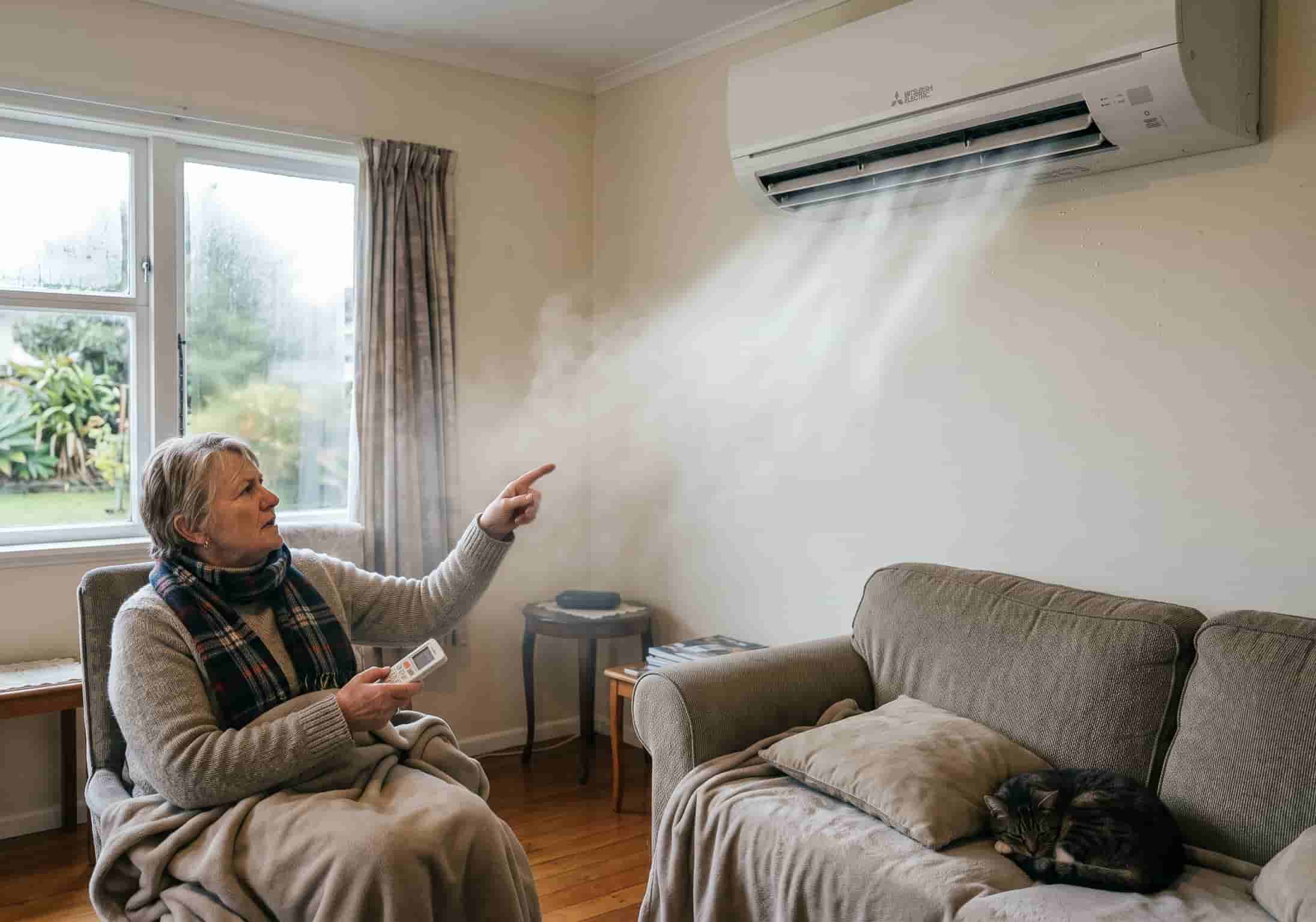 Woman in winter clothing pointing at a Mitsubishi Electric wall-mounted heat pump blowing cold air in a New Zealand living room on a rainy winter day