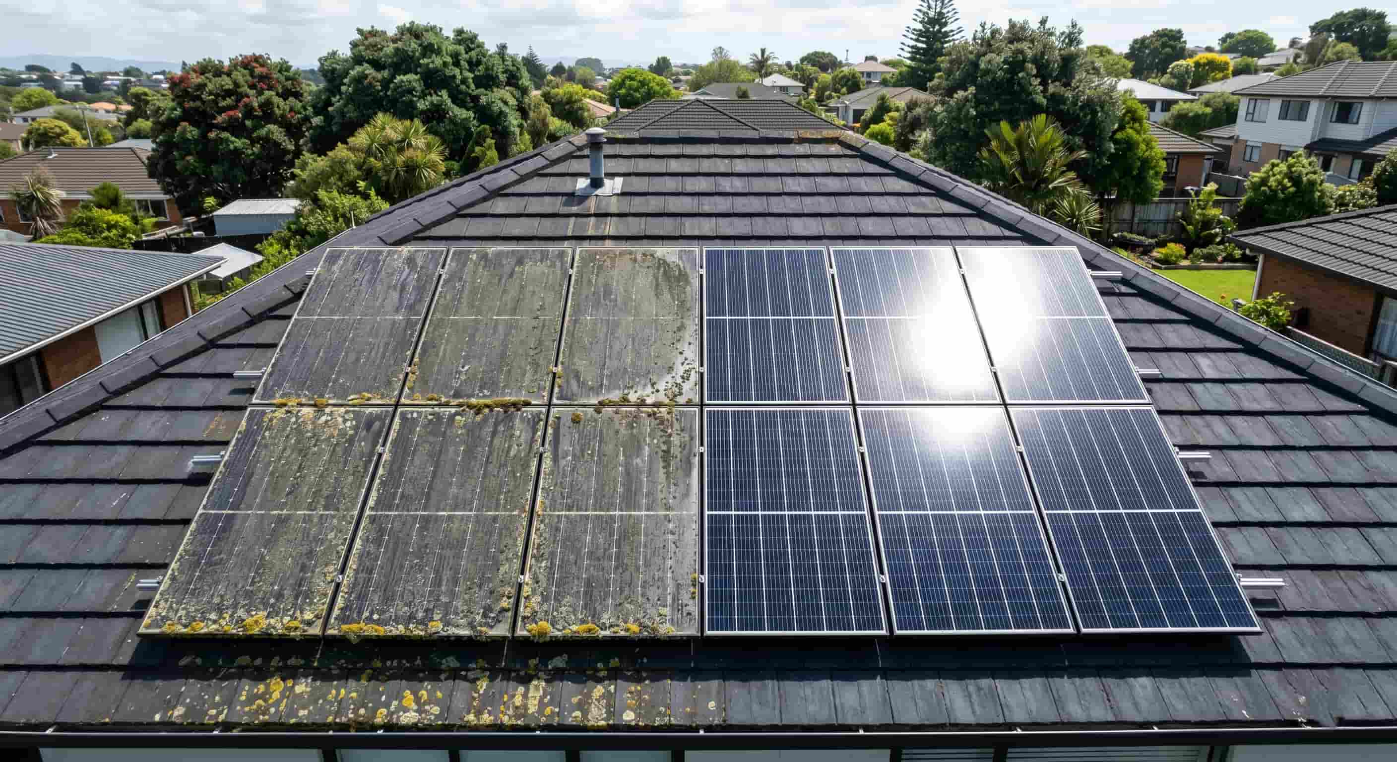 Solar panels on an Auckland residential rooftop showing heavy lichen and biological growth on the left array compared to clean panels reflecting sunlight on the right