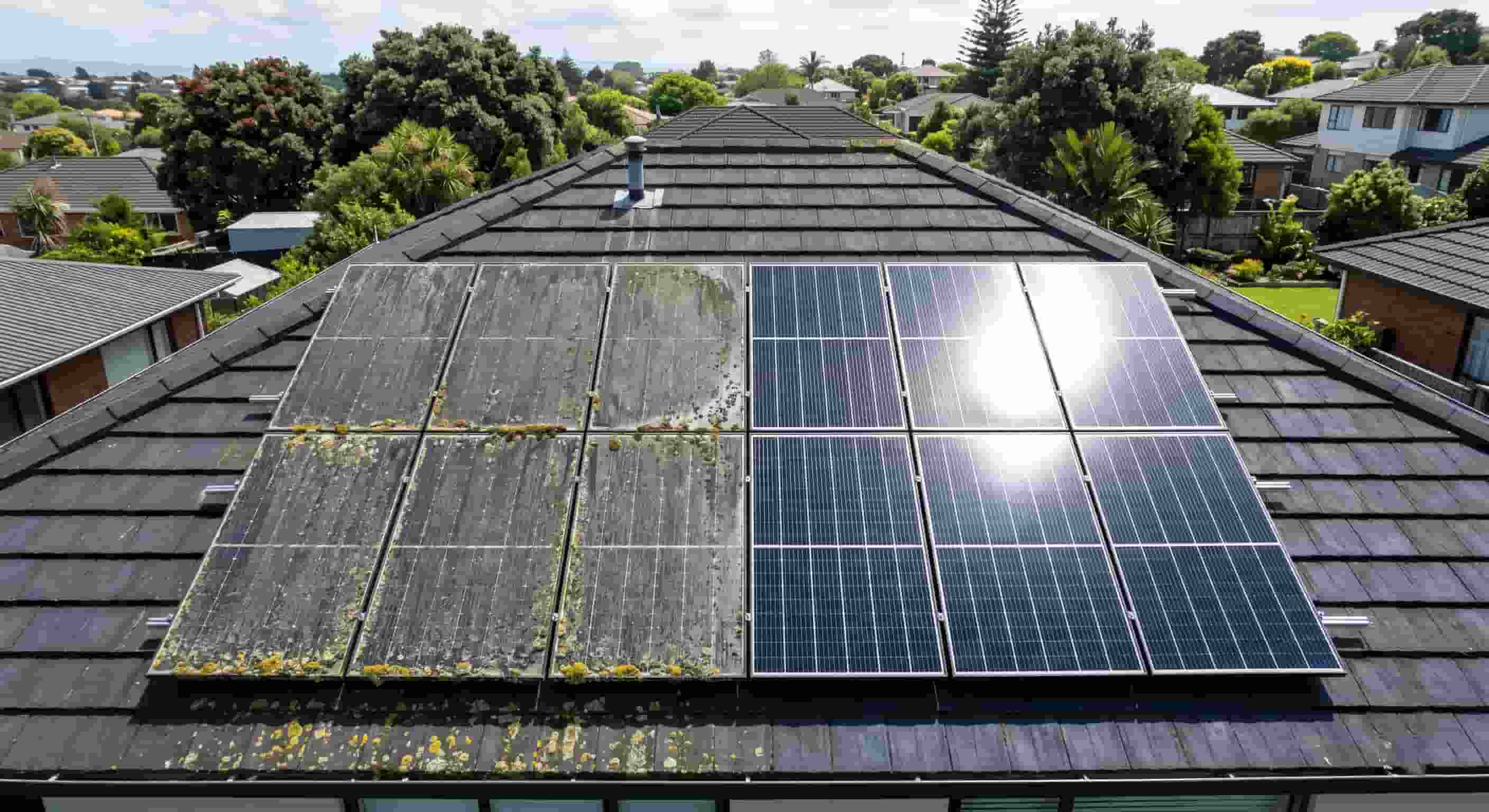 Solar panels on an Auckland residential rooftop showing heavy lichen and biological growth on the left array compared to clean panels reflecting sunlight on the right