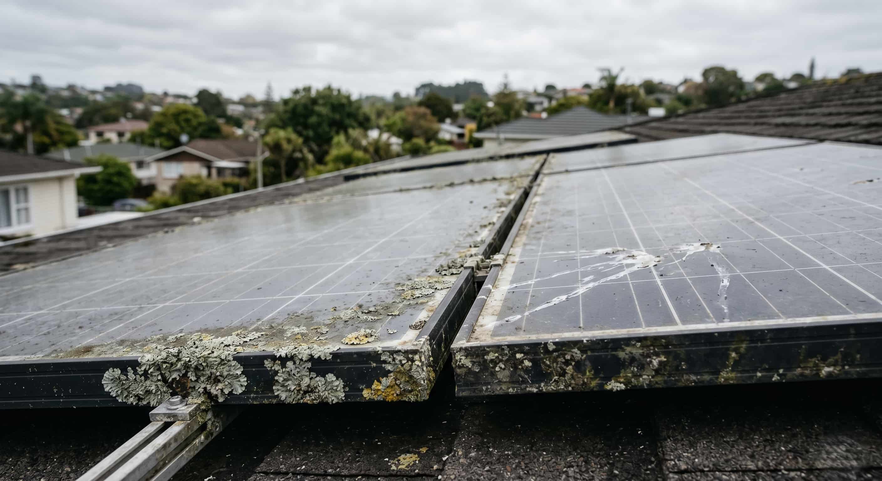 Solar panels on an Auckland residential roof showing established lichen growth along the frame edges and bird droppings on the panel glass