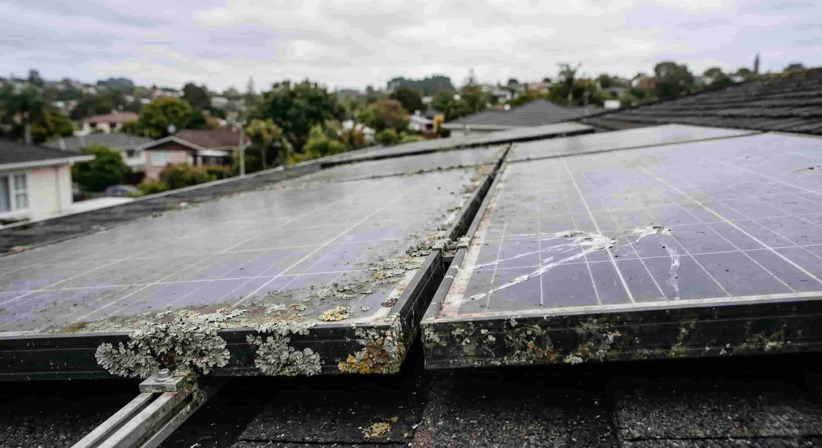 Solar panels on an Auckland residential roof showing established lichen growth along the frame edges and bird droppings on the panel glass