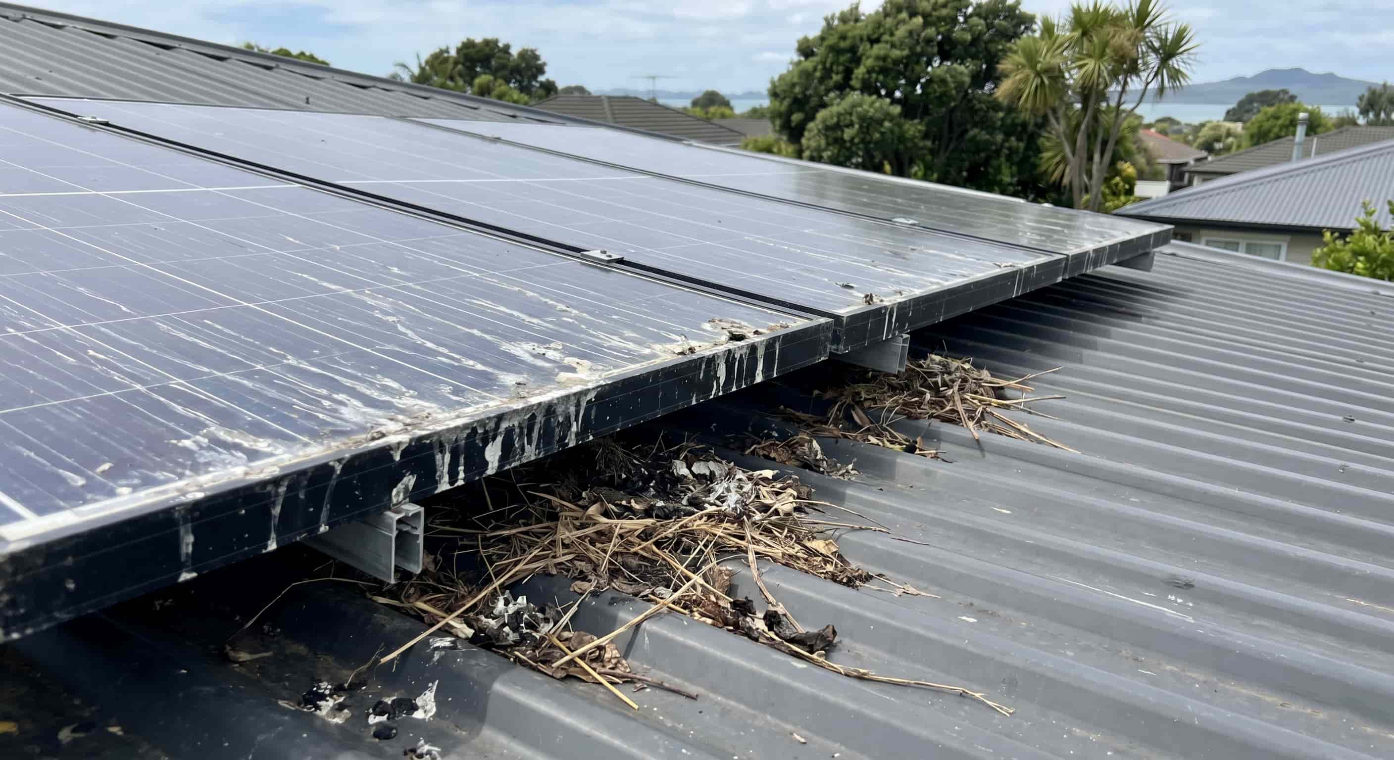 Bird droppings and nesting debris visible at the edge of solar panels on an Auckland residential roof