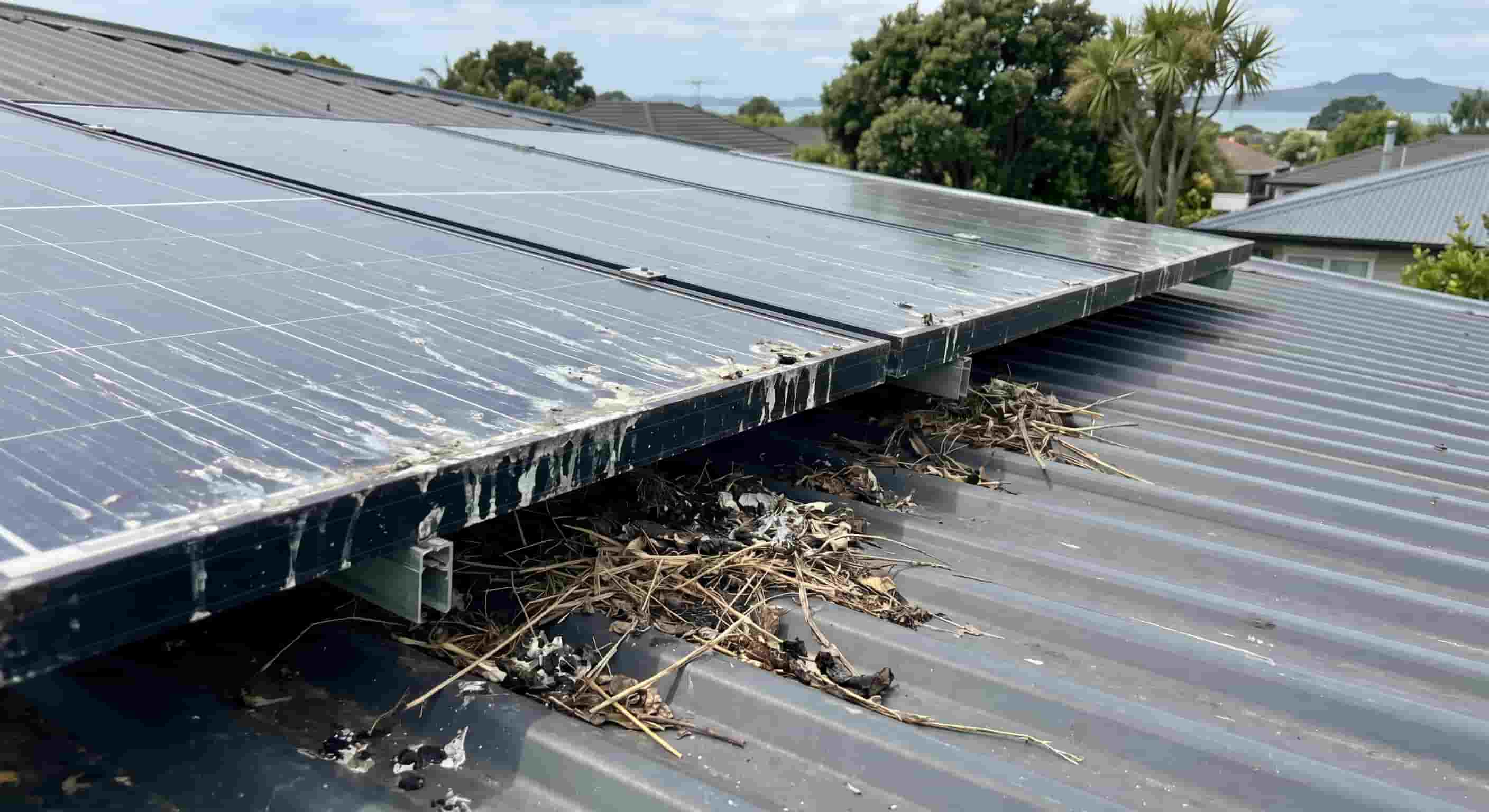 Bird droppings and nesting debris visible at the edge of solar panels on an Auckland residential roof