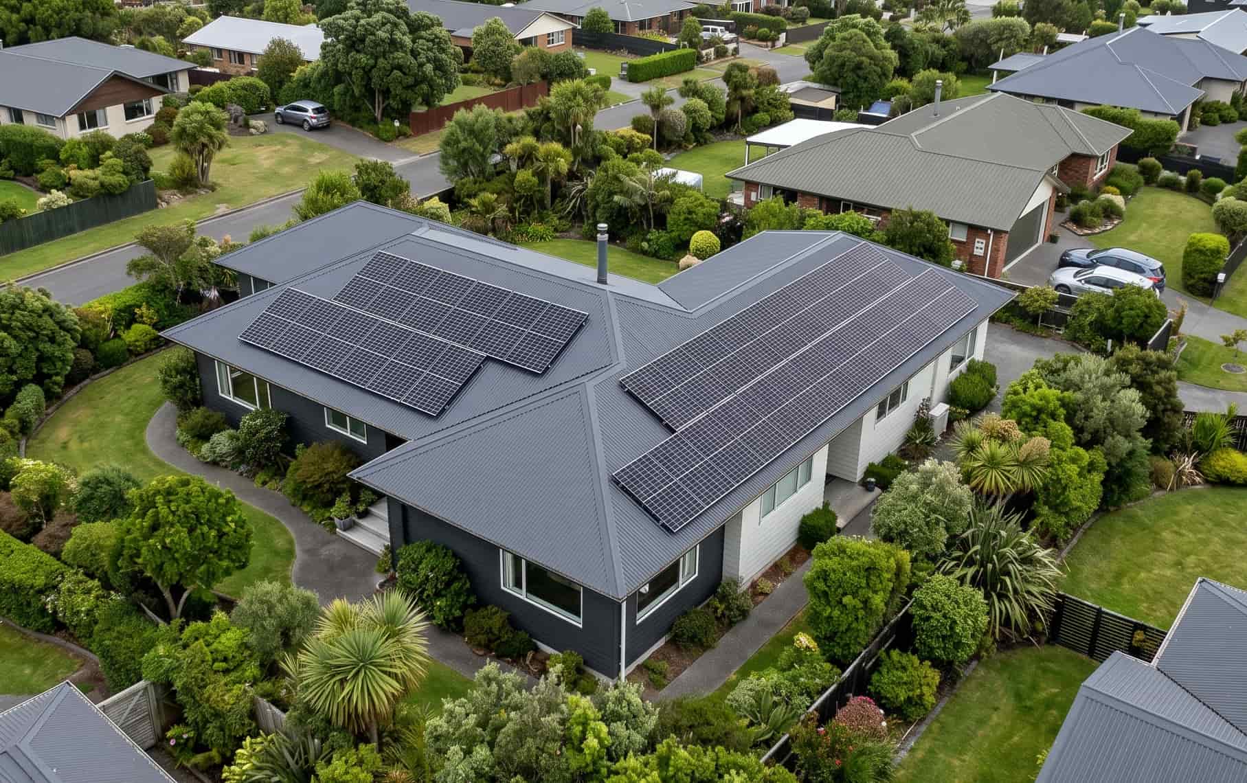 Aerial view of a New Zealand home with solar panels mounted on a dark grey metal roof, surrounded by green suburban gardens in Auckland.