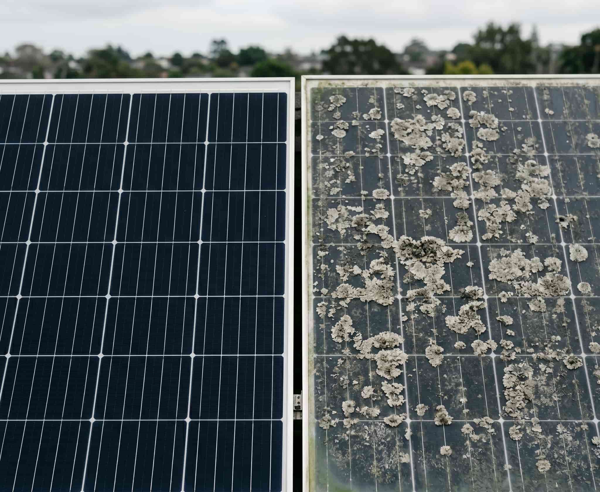 Two adjacent solar panels on an Auckland rooftop — left panel clean with clear dark glass, right panel heavily covered in established lichen colonies across the cells