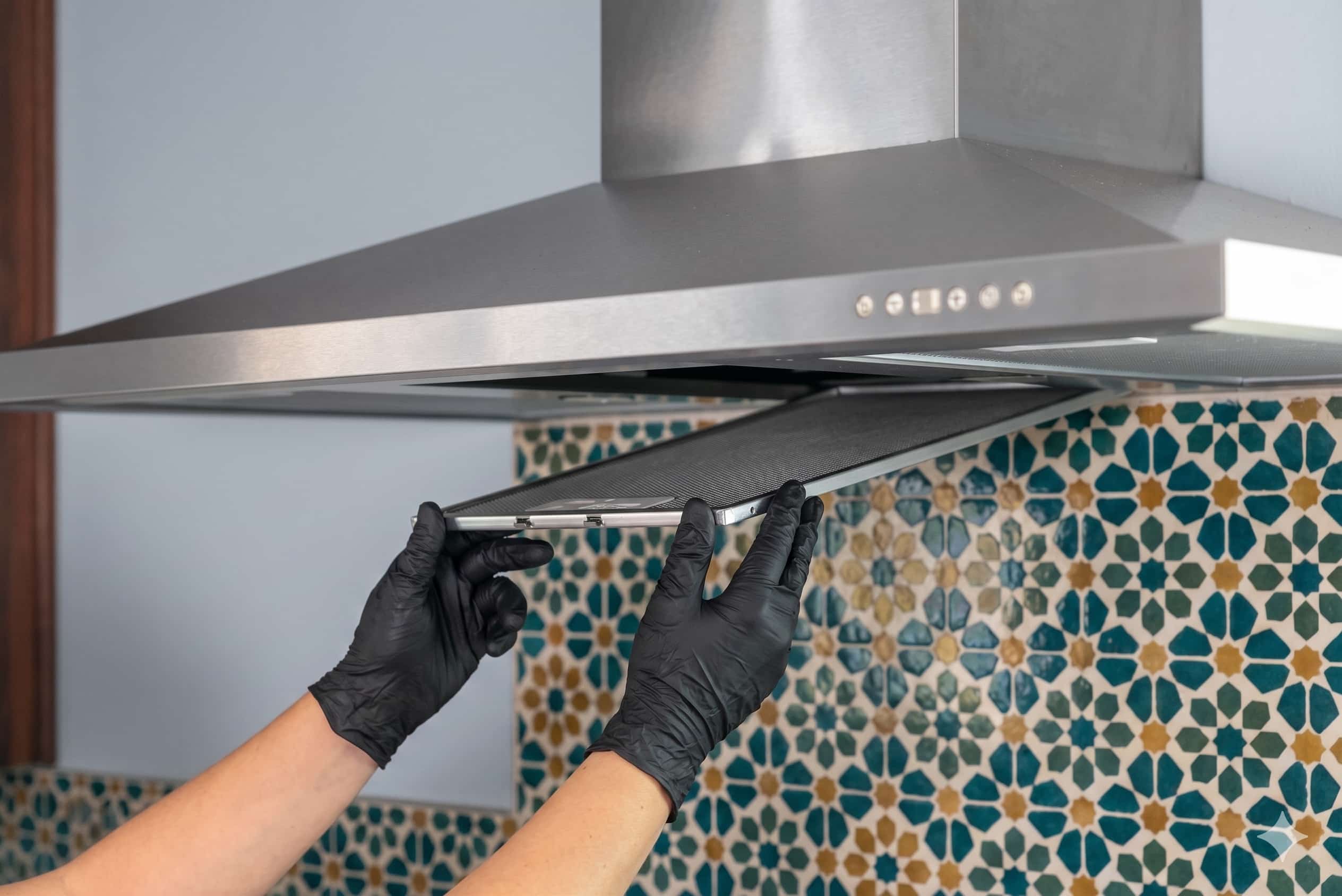 Technician removing a mesh grease filter from a stainless steel rangehood during a professional kitchen rangehood service in a New Zealand home.