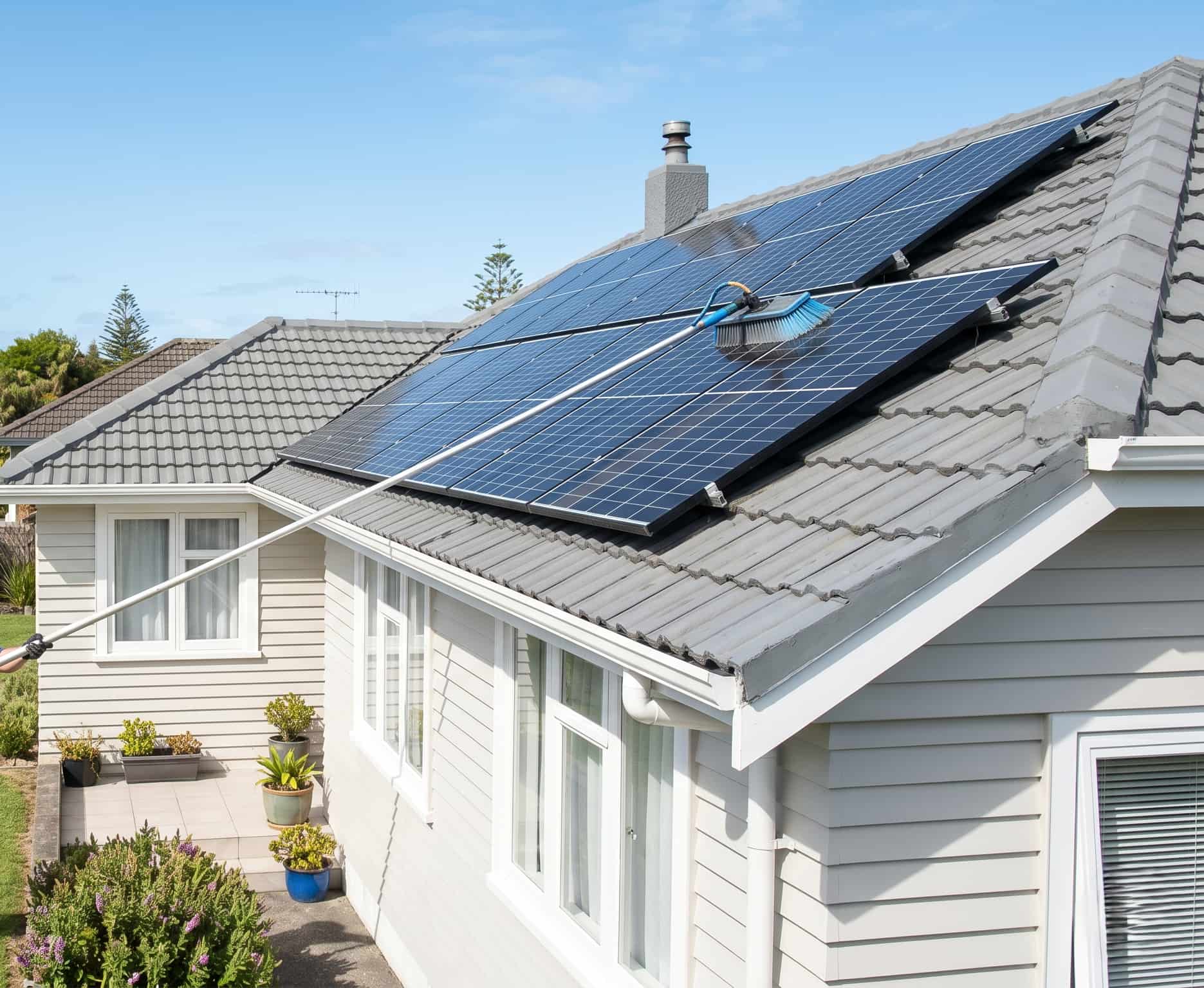 Solar panels being cleaned with a soft-bristle brush on an extension pole on a residential roof in Auckland, New Zealand