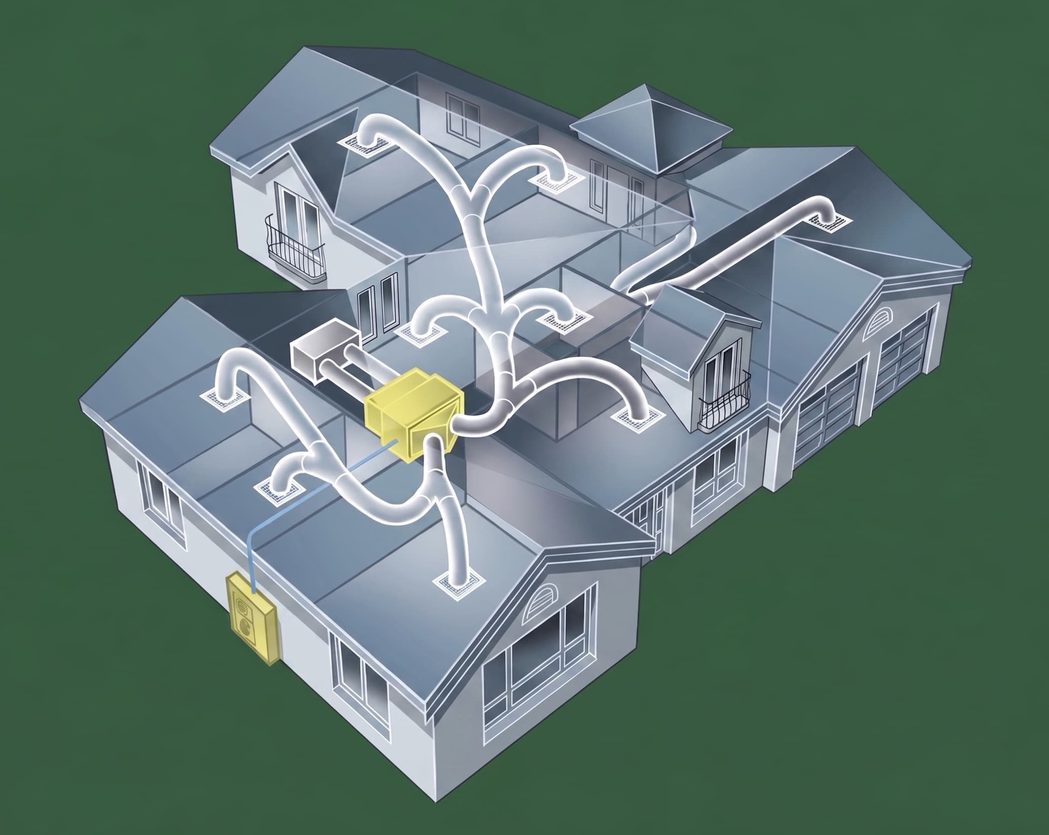 Diagram showing a ducted heat pump system in a NZ home, with the air handler unit in the ceiling cavity connected by flexible ductwork to supply vents in every room and the outdoor unit on the exterior wall.