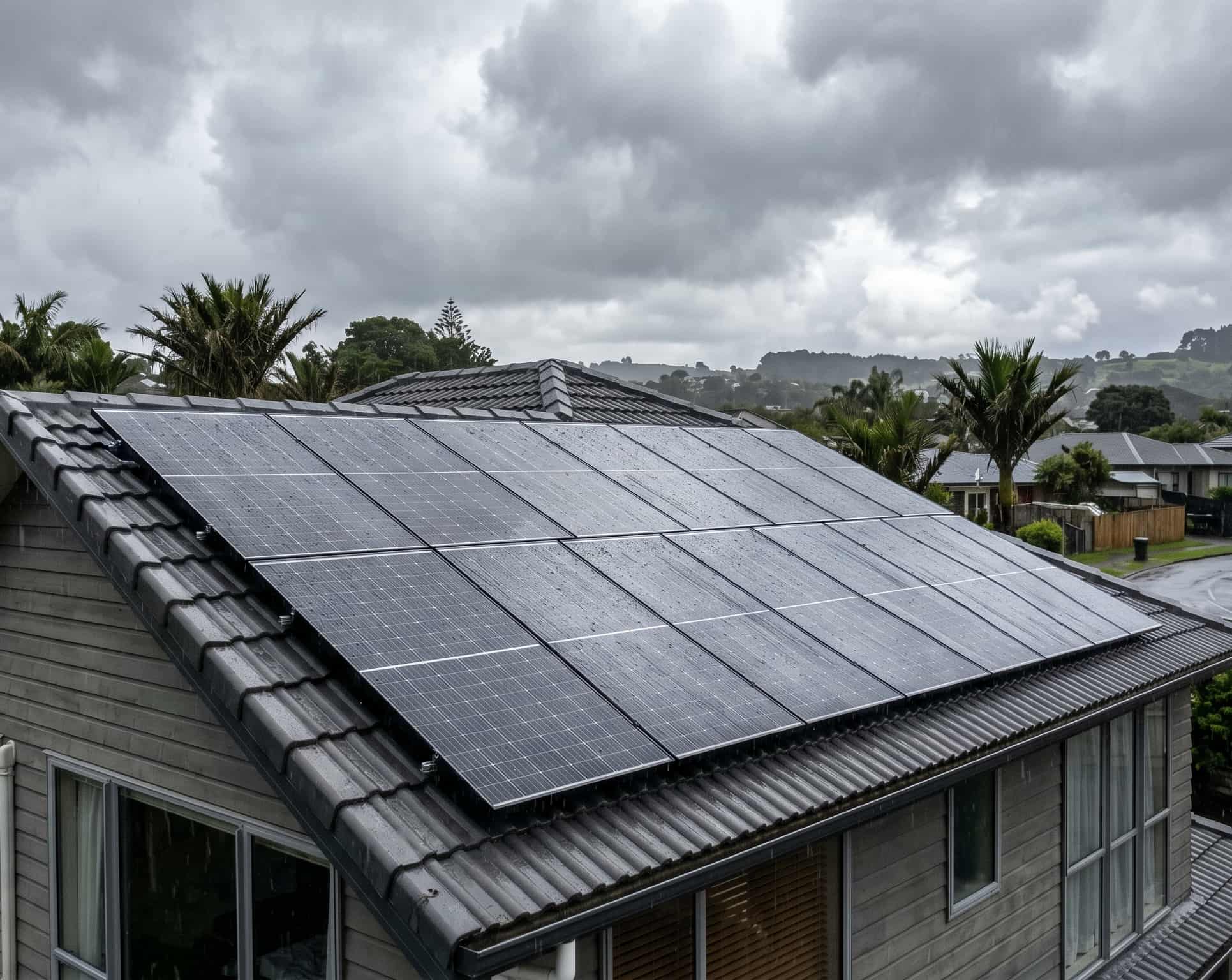 Solar panels on Auckland residential roof showing moisture on panel glass.