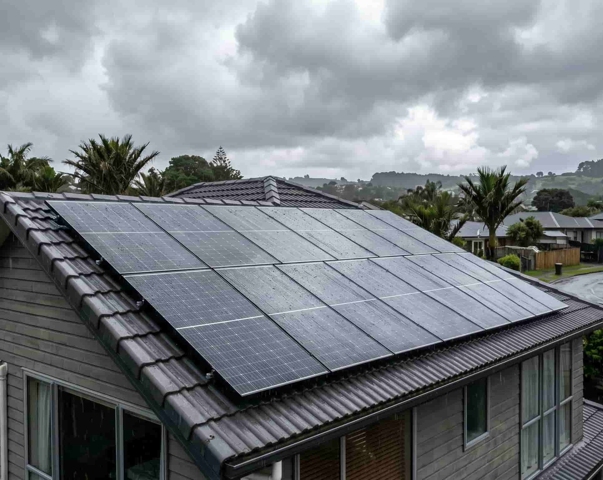 Solar panels on Auckland residential roof showing moisture on panel glass.