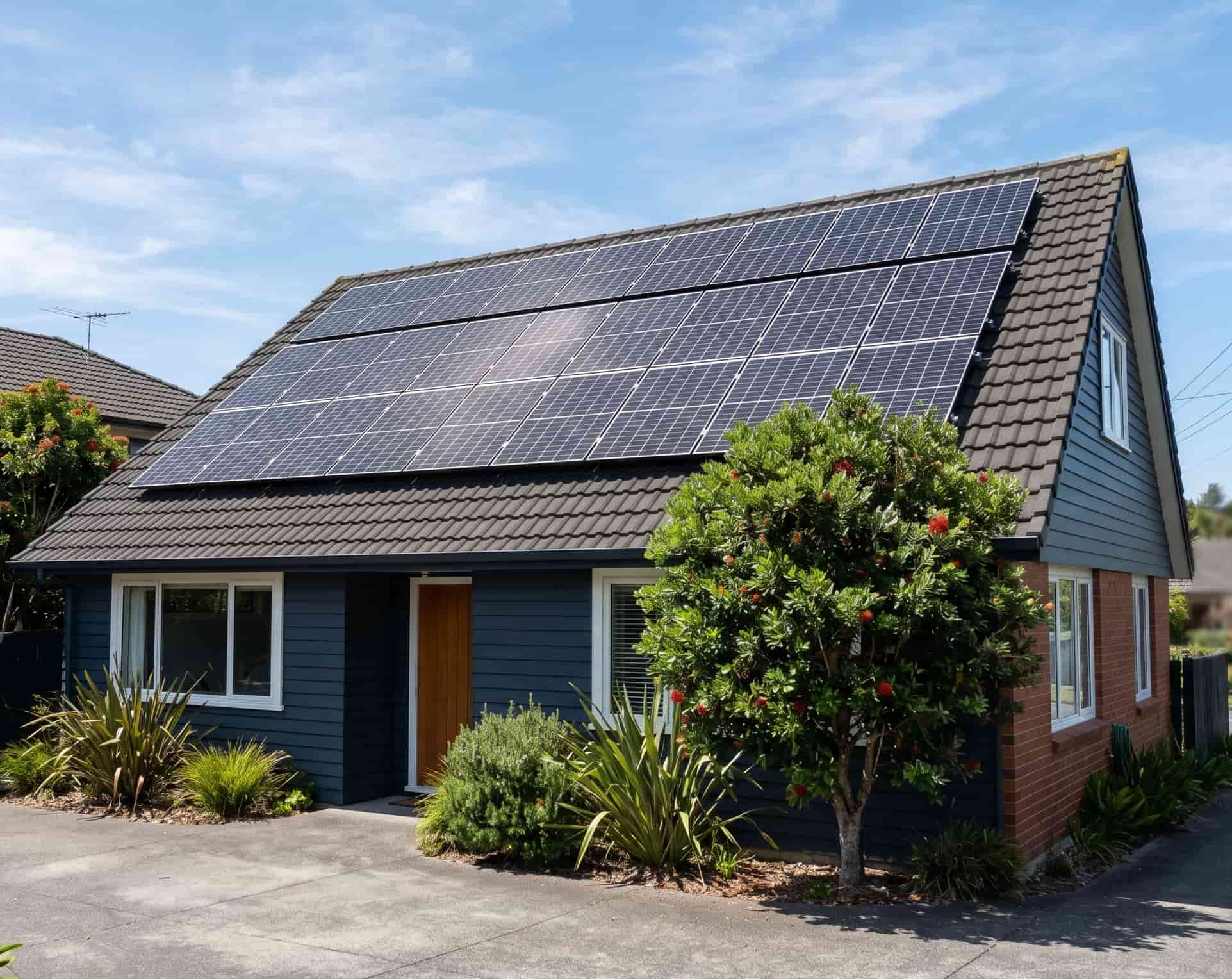 Solar panels on the north-facing roof of an Auckland residential home, viewed from street level showing the full array on a clear day.