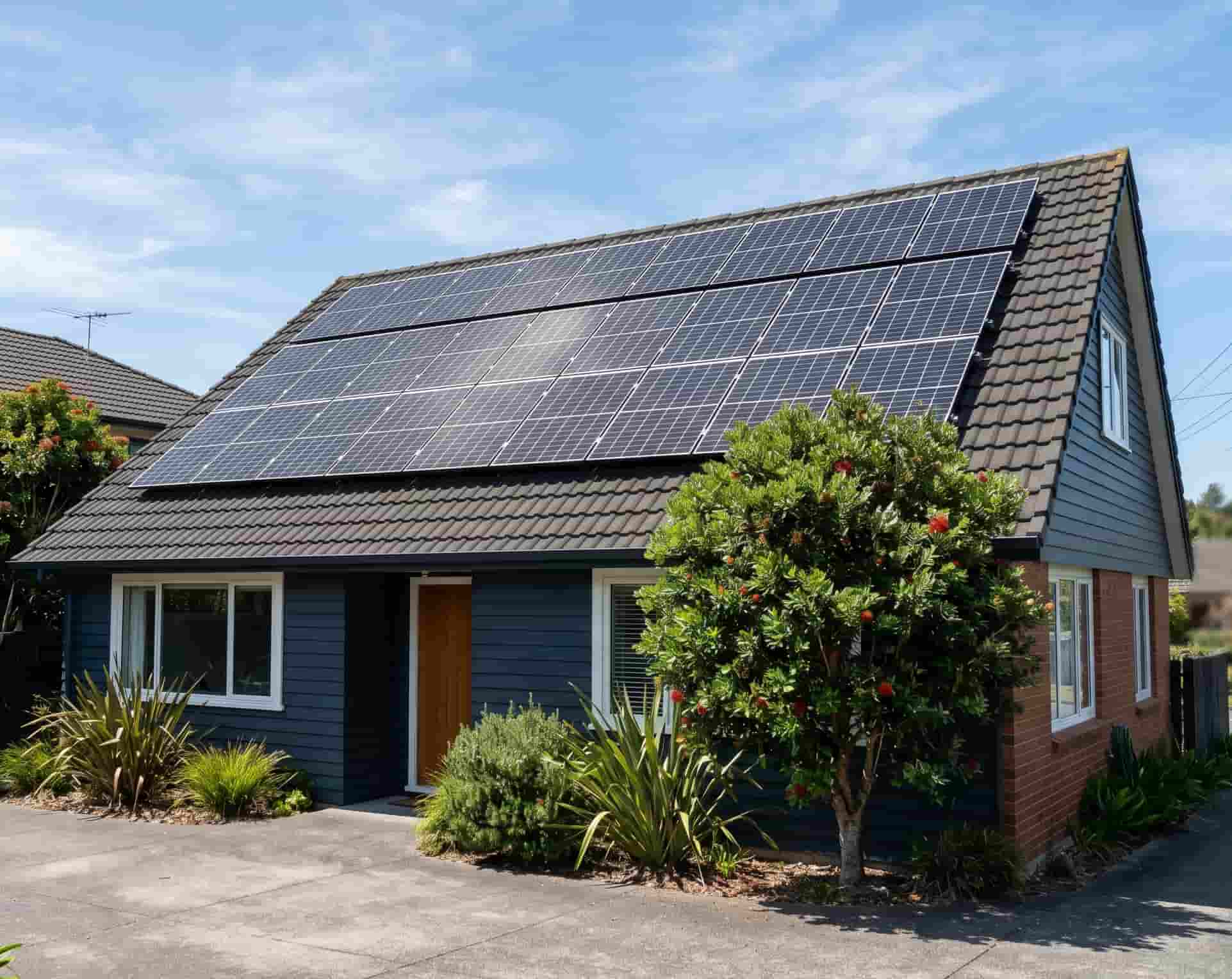 Solar panels on the north-facing roof of an Auckland residential home, viewed from street level showing the full array on a clear day.