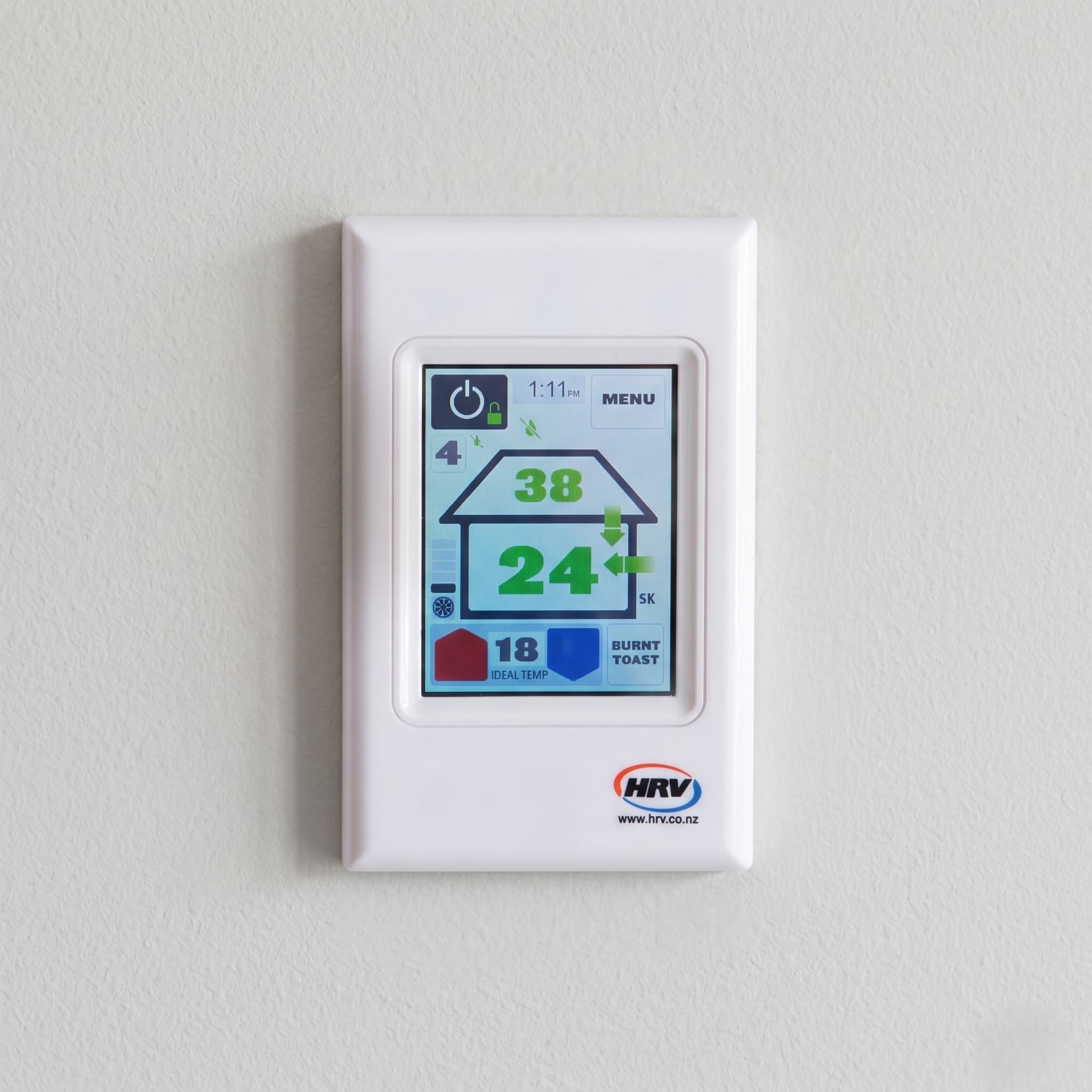HRV AirSense touchscreen controller in green ventilation mode showing roof temp 38, house temp 24, ideal temp 18