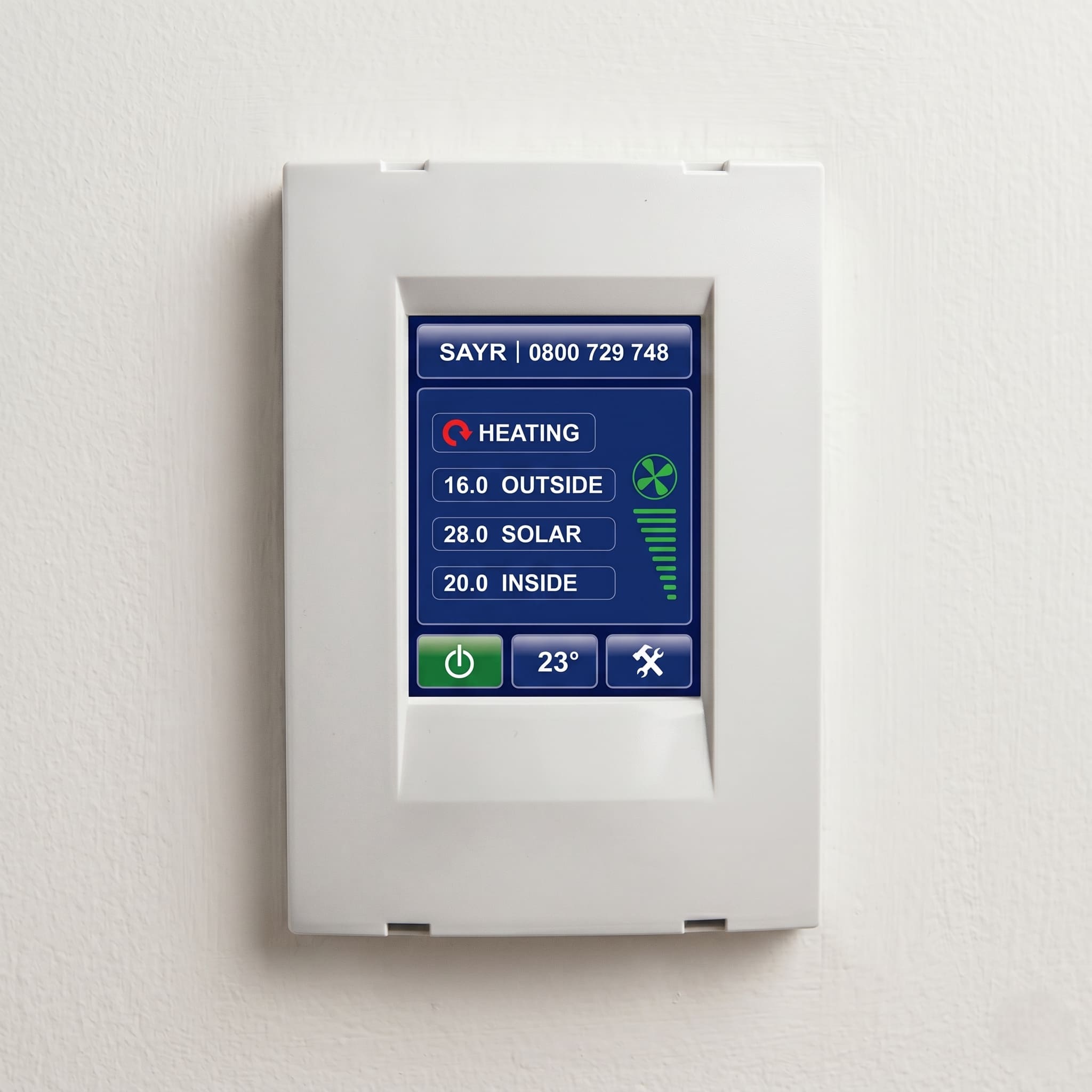 Sayr ventilation controller in heating mode showing outside 16, solar 28, inside 20, target 23 degrees
