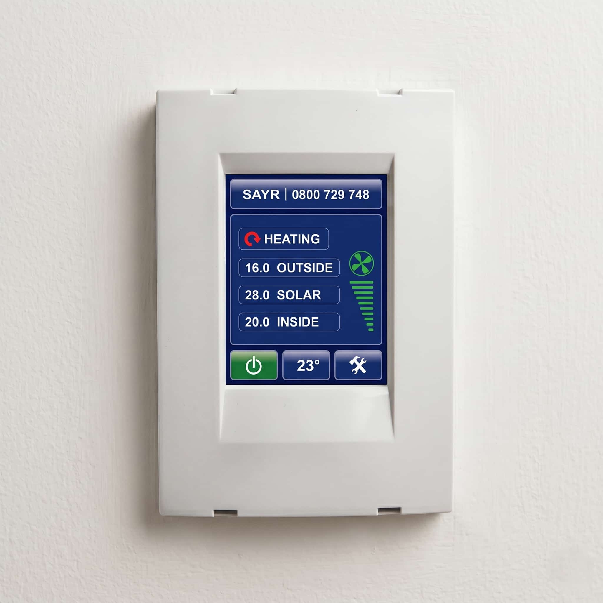 Sayr ventilation controller in heating mode showing outside 16, solar 28, inside 20, target 23 degrees
