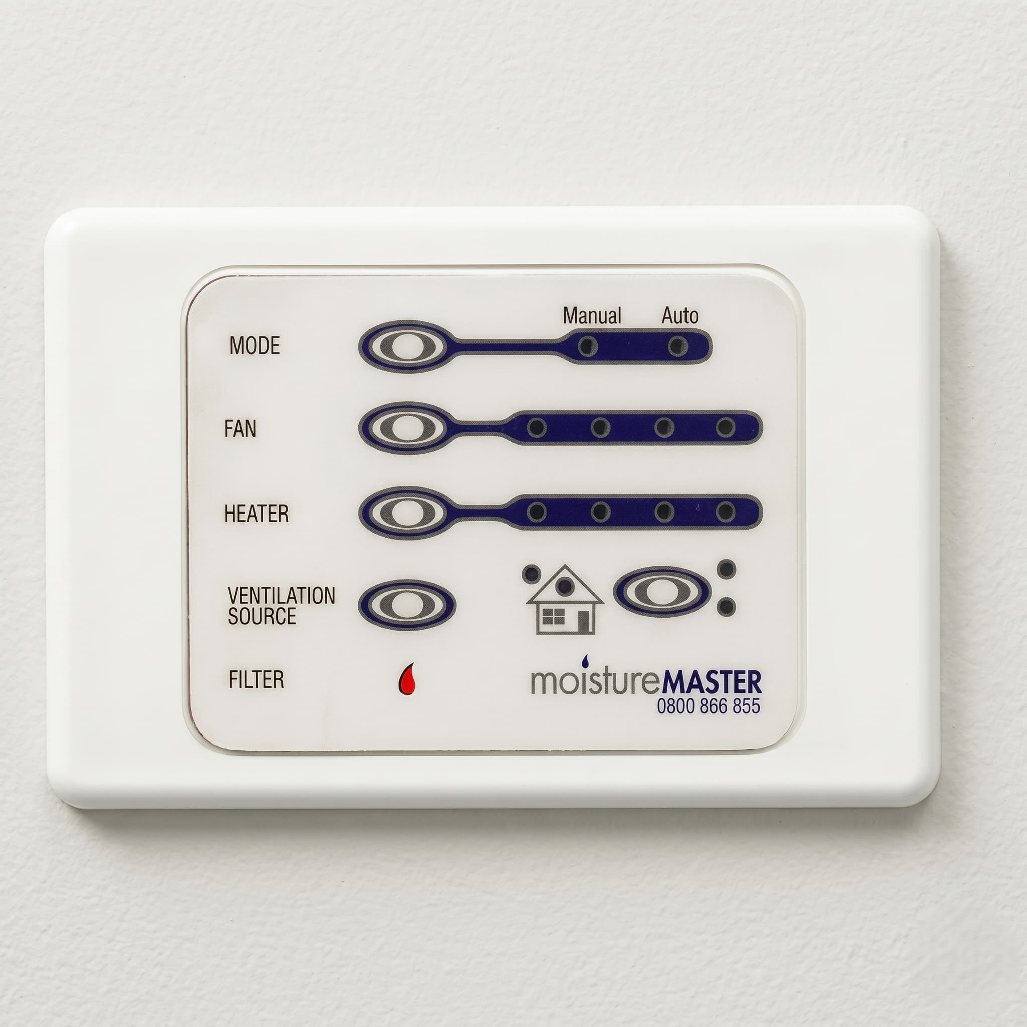 MoistureMaster LED faceplate controller showing MODE, FAN, HEATER, VENTILATION SOURCE, and FILTER indicator rows