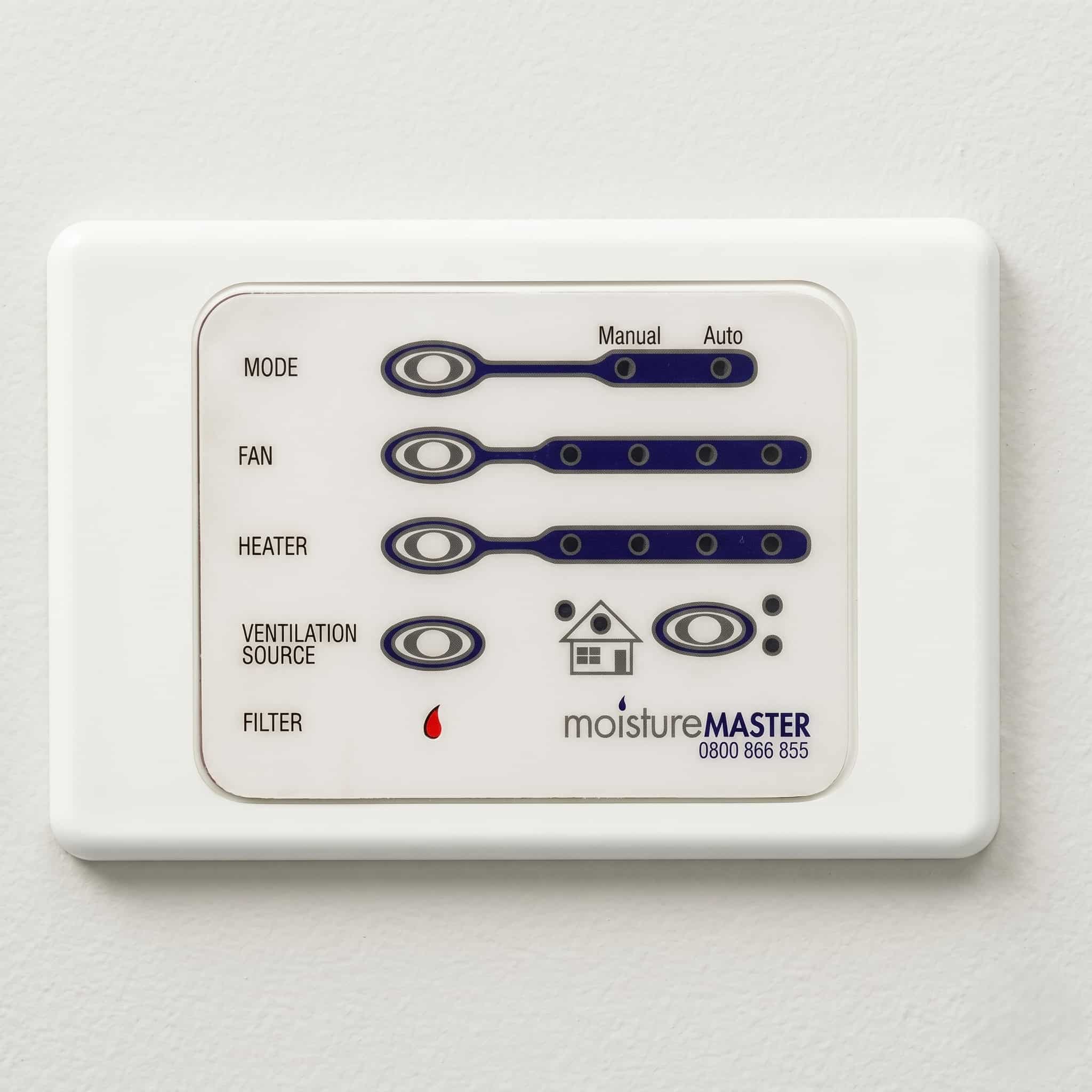 MoistureMaster LED faceplate controller showing MODE, FAN, HEATER, VENTILATION SOURCE, and FILTER indicator rows