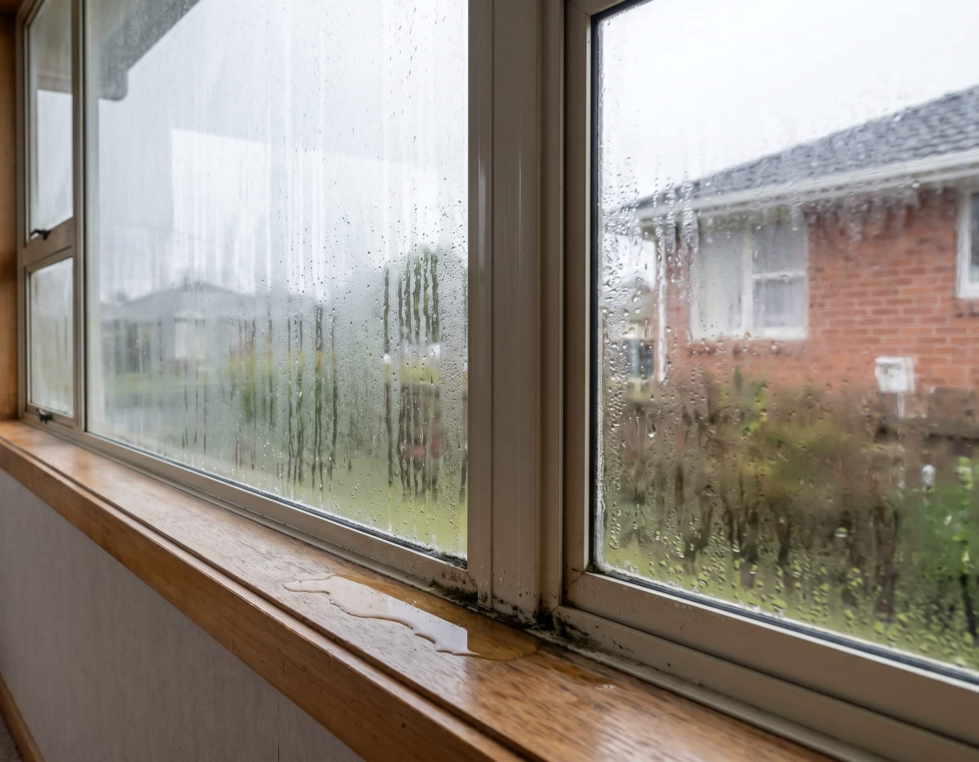 Heavy condensation on single-glazed windows with water pooling on the timber sill and mould forming in the corner of the window frame