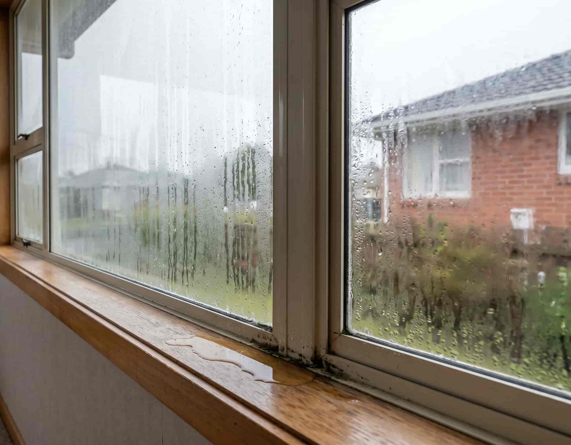 Heavy condensation on single-glazed windows with water pooling on the timber sill and mould forming in the corner of the window frame