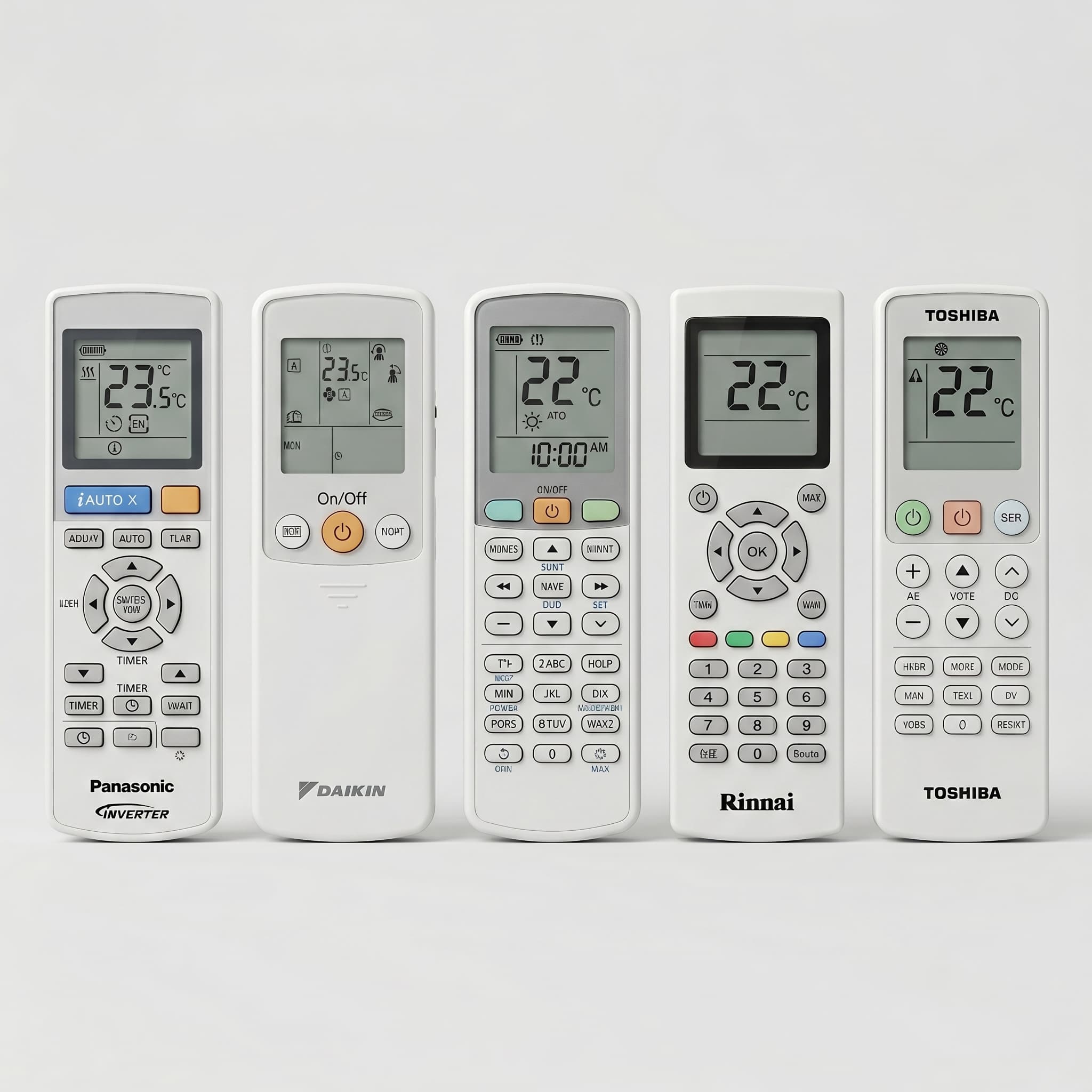 Four heat pump remote controls side by side — Panasonic, Daikin, Rinnai, and Toshiba — showing different button layouts and LCD displays.