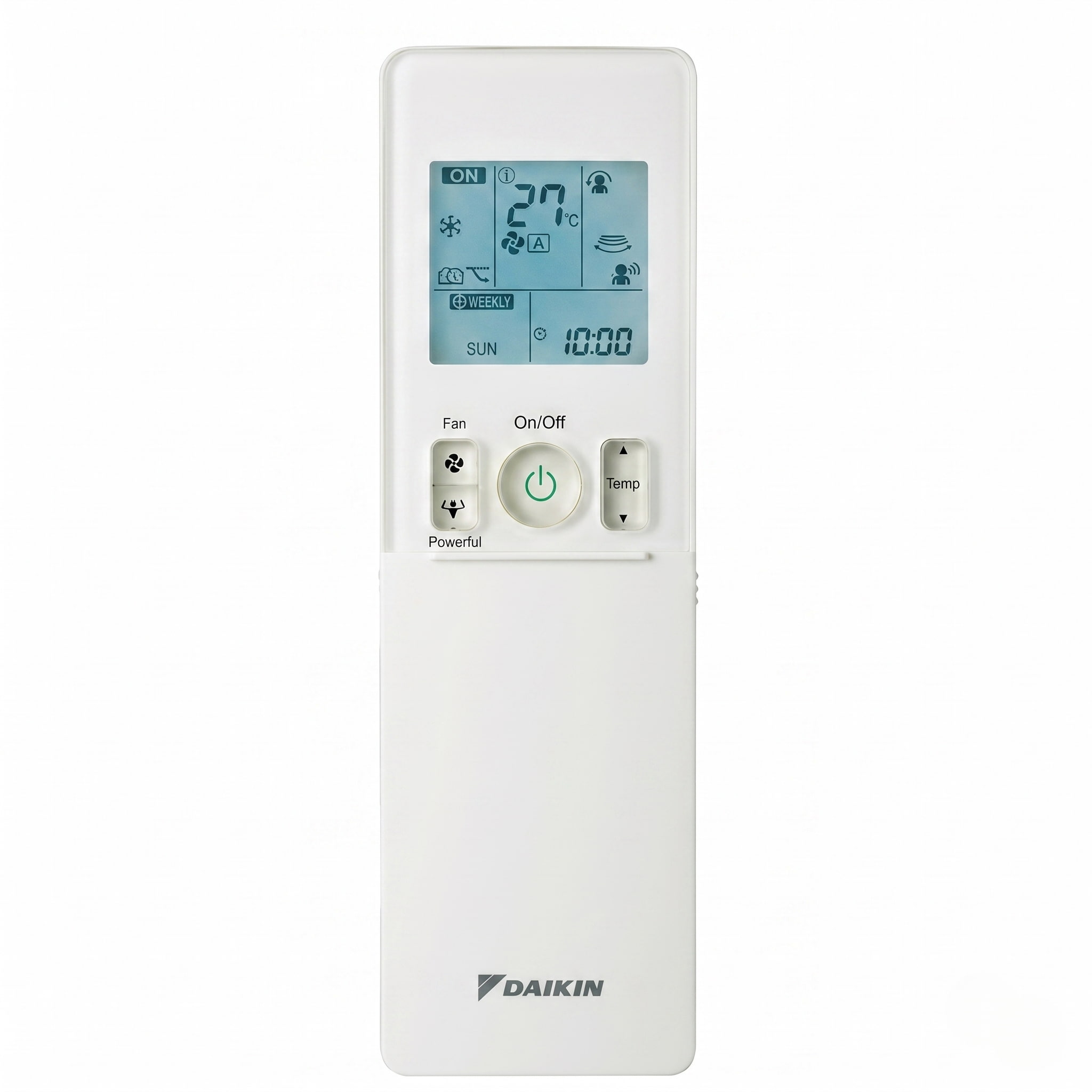 Daikin heat pump remote control showing LCD display with temperature set to 27 degrees Celsius, weekly timer, and mode symbols including cool mode snowflake and fan settings