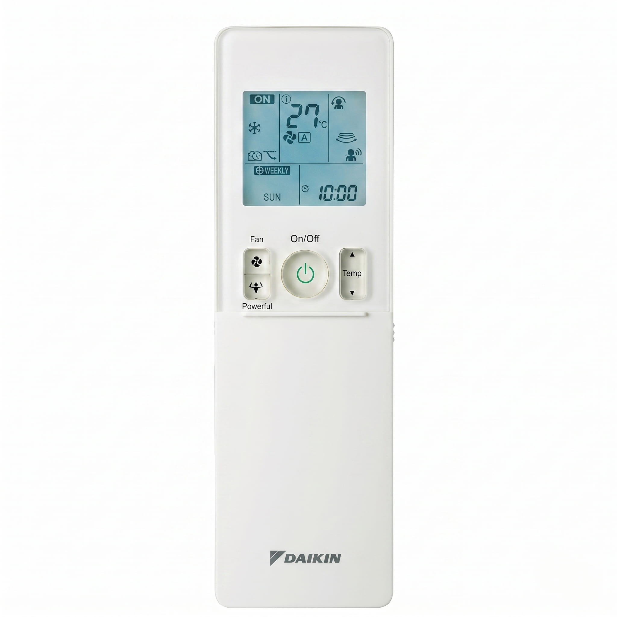 Daikin heat pump remote control showing LCD display with temperature set to 27 degrees Celsius, weekly timer, and mode symbols including cool mode snowflake and fan settings