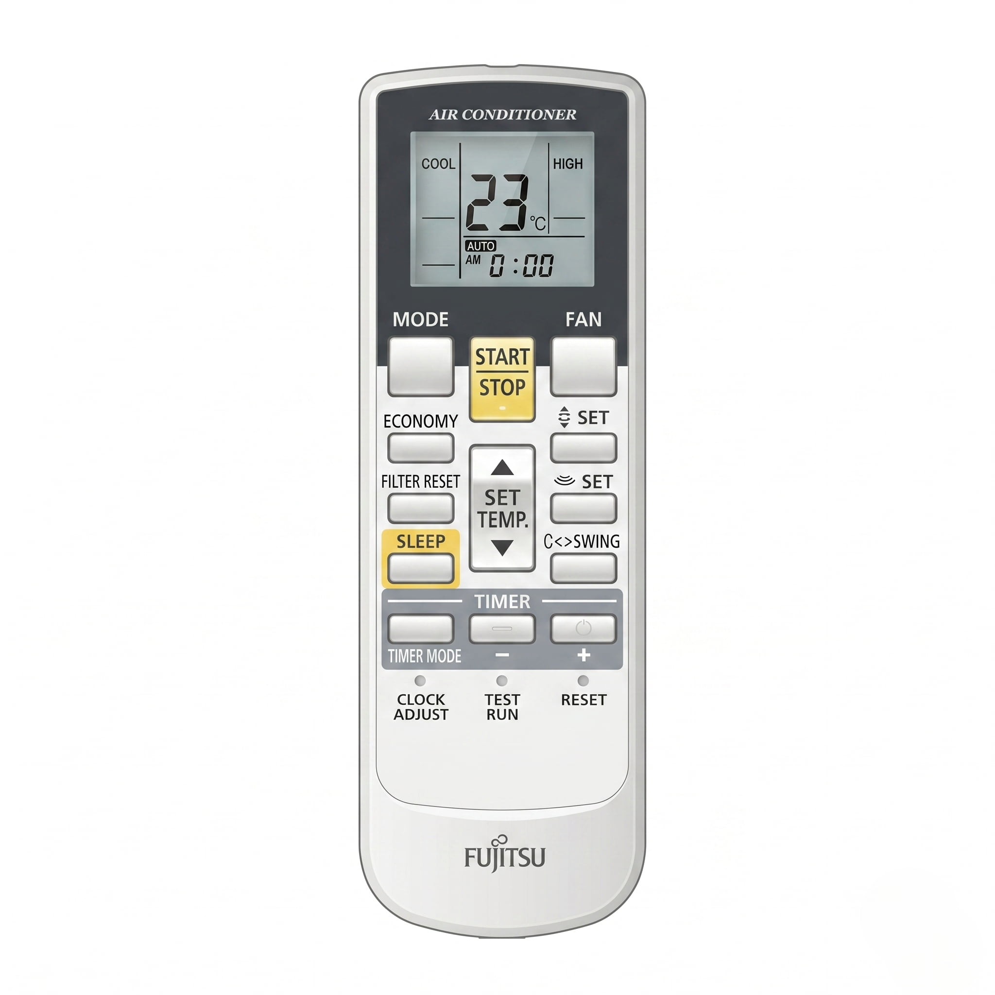 Fujitsu heat pump remote controller showing MODE, FAN, ECONOMY, SLEEP, and TIMER buttons with LCD temperature displa