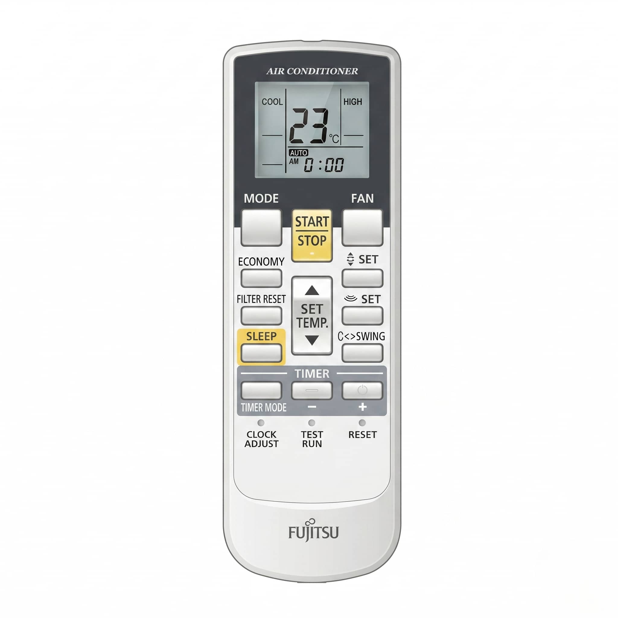 Fujitsu heat pump remote controller showing MODE, FAN, ECONOMY, SLEEP, and TIMER buttons with LCD temperature displa