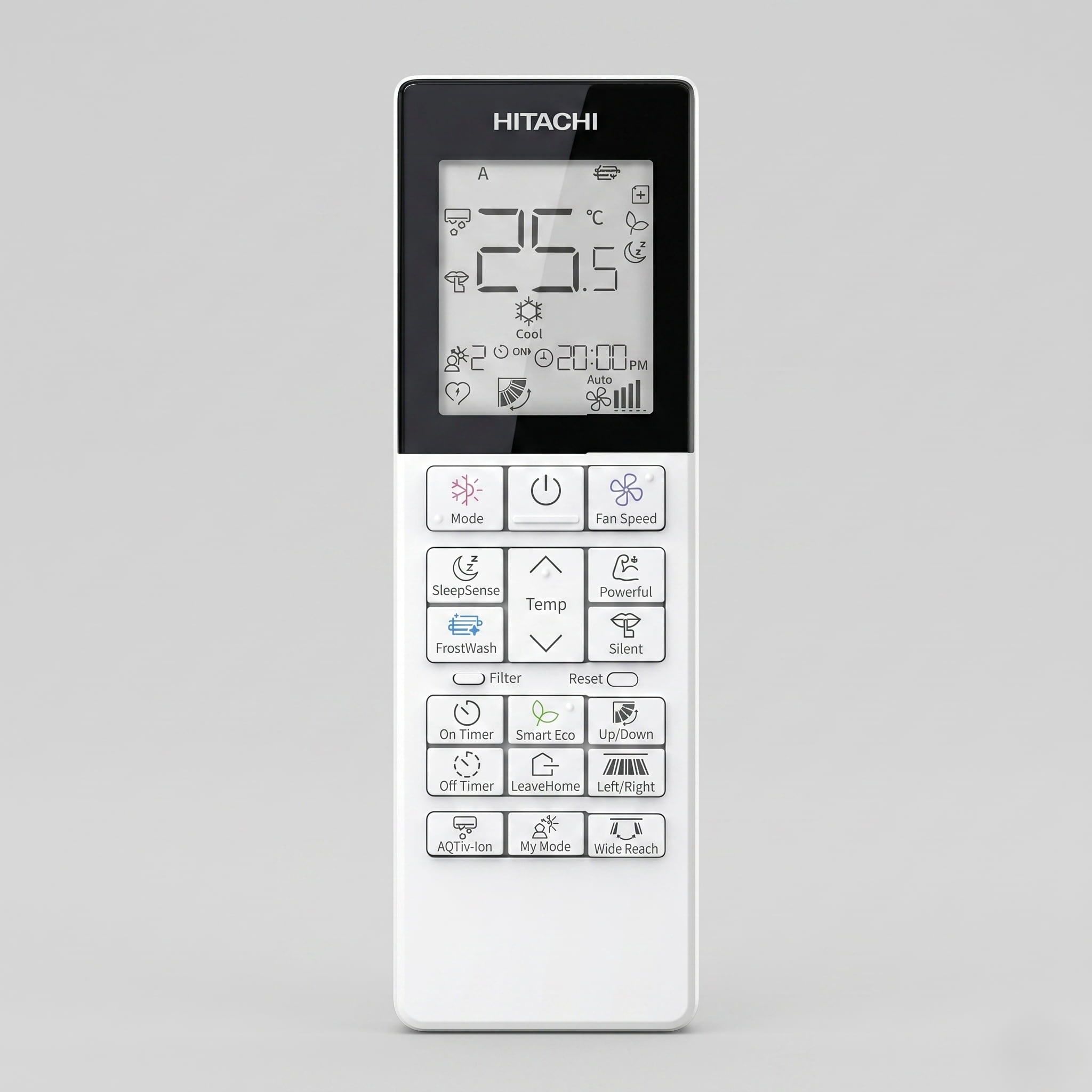 Hitachi airHome heat pump remote control showing Mode, FrostWash, SleepSense, Smart Eco, My Mode, AQTiv-Ion, LeaveHome, and Wide Reach buttons, with LCD display showing Cool mode at 25.5 degrees Celsius