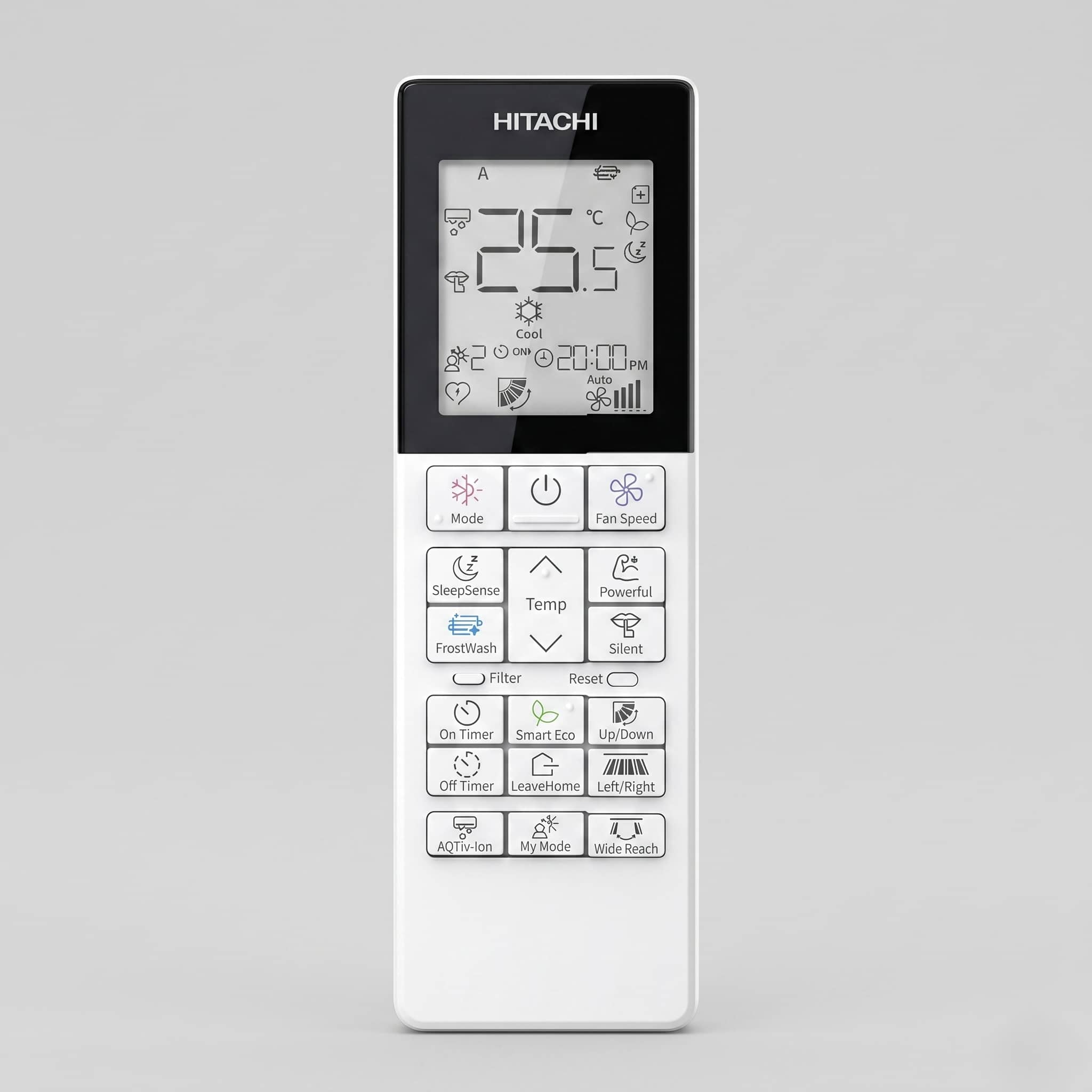 Hitachi airHome heat pump remote control showing Mode, FrostWash, SleepSense, Smart Eco, My Mode, AQTiv-Ion, LeaveHome, and Wide Reach buttons, with LCD display showing Cool mode at 25.5 degrees Celsius