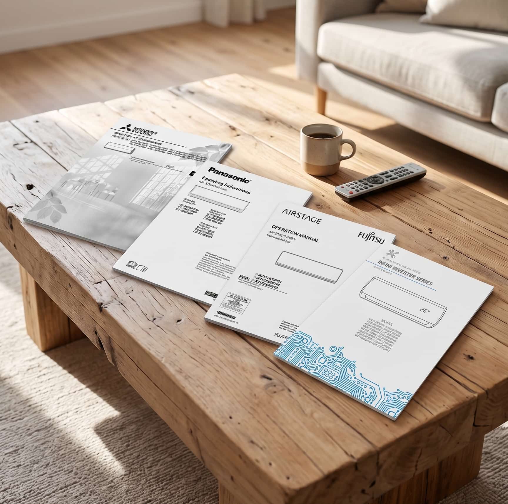 Heat pump operation manuals from Mitsubishi Electric, Panasonic, Fujitsu Airstage, and Fujitsu Infini Inverter series spread across a wooden coffee table in a New Zealand home