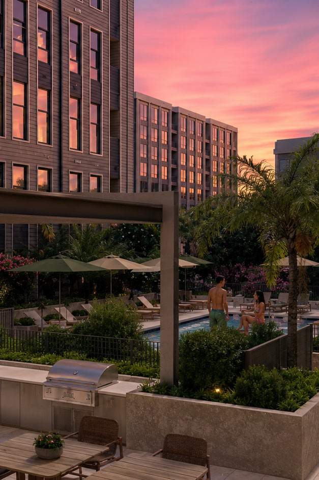 Vandeveer apartment pool area at sunset with people near water, lounge chairs, umbrellas, and outdoor grill.