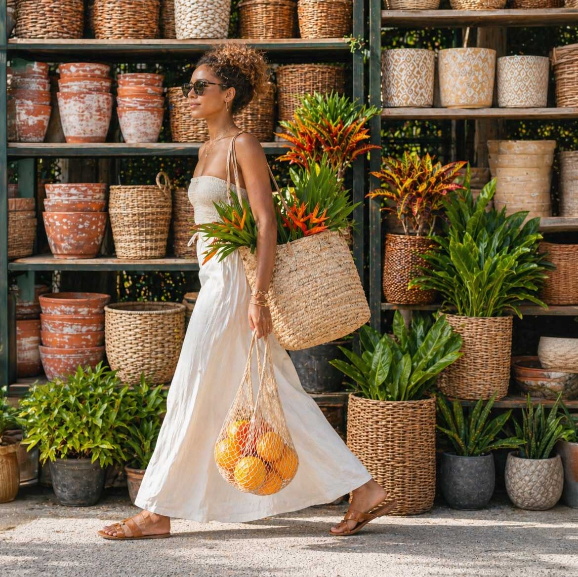 Woman in white dress walking with baskets of tropical flowers and oranges near woven pots and plants.