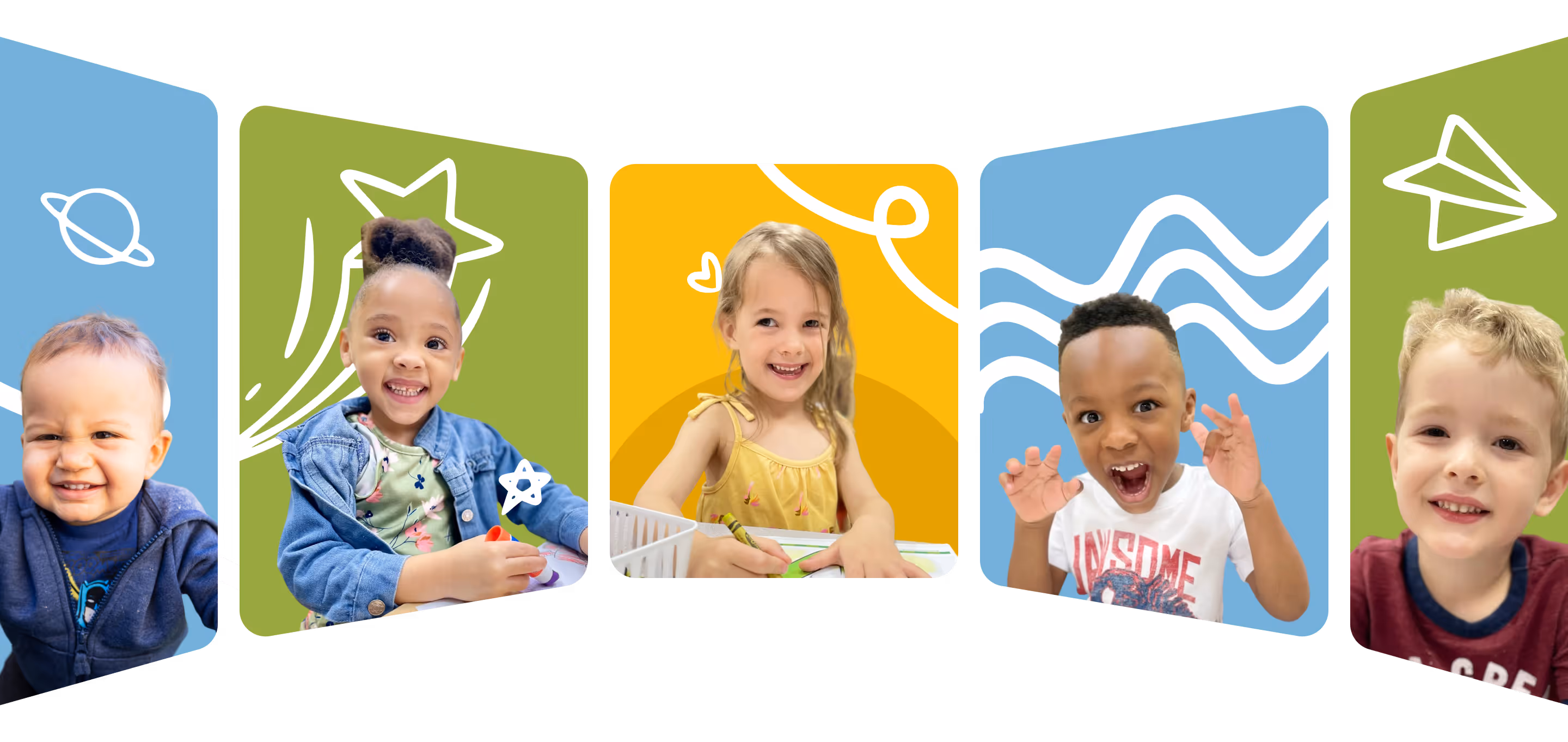 Five children smiling, each framed by colorful panels with playful doodles like stars, waves, and paper airplanes.