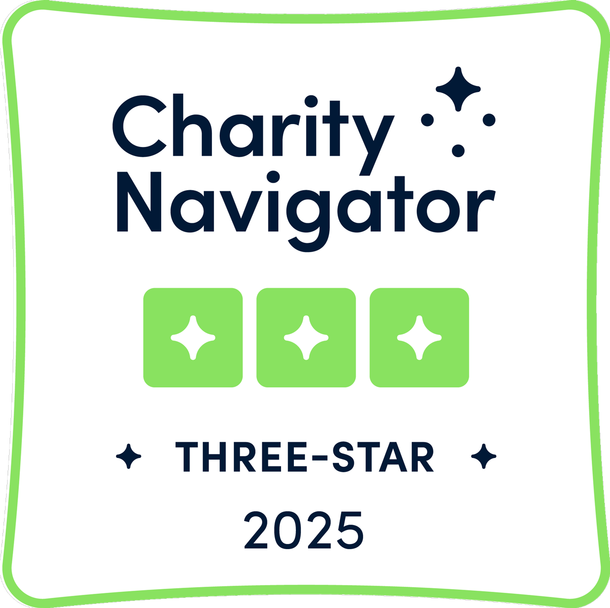 Charity Navigator logo with three green stars and text 'Three-Star 2025'.