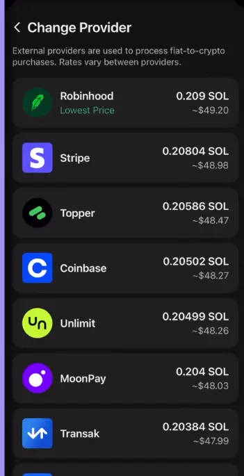Buying Solana from third-party providers