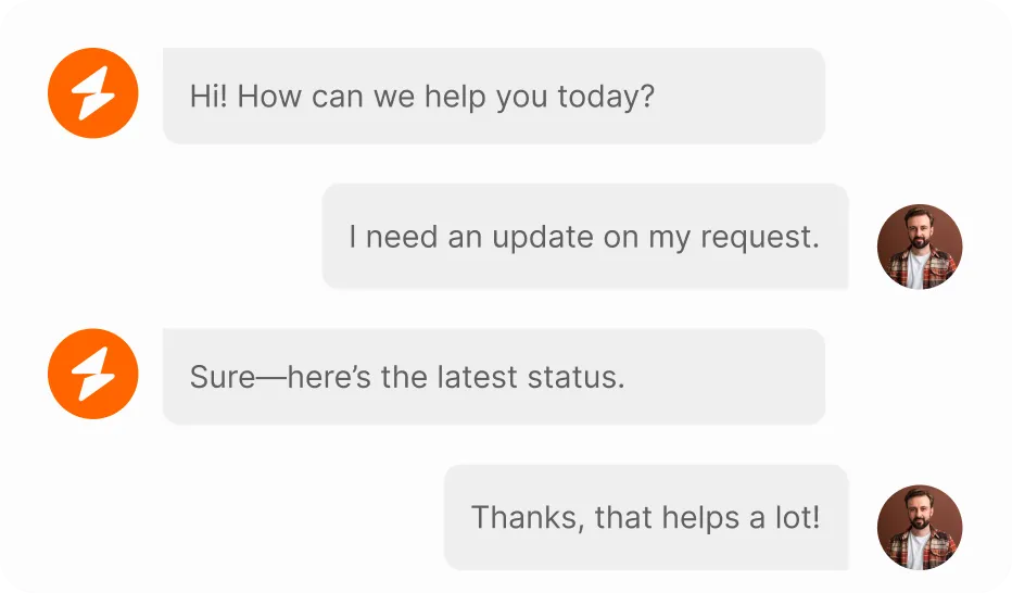 Chat conversation showing a customer service interaction with messages exchanging updates on a request.