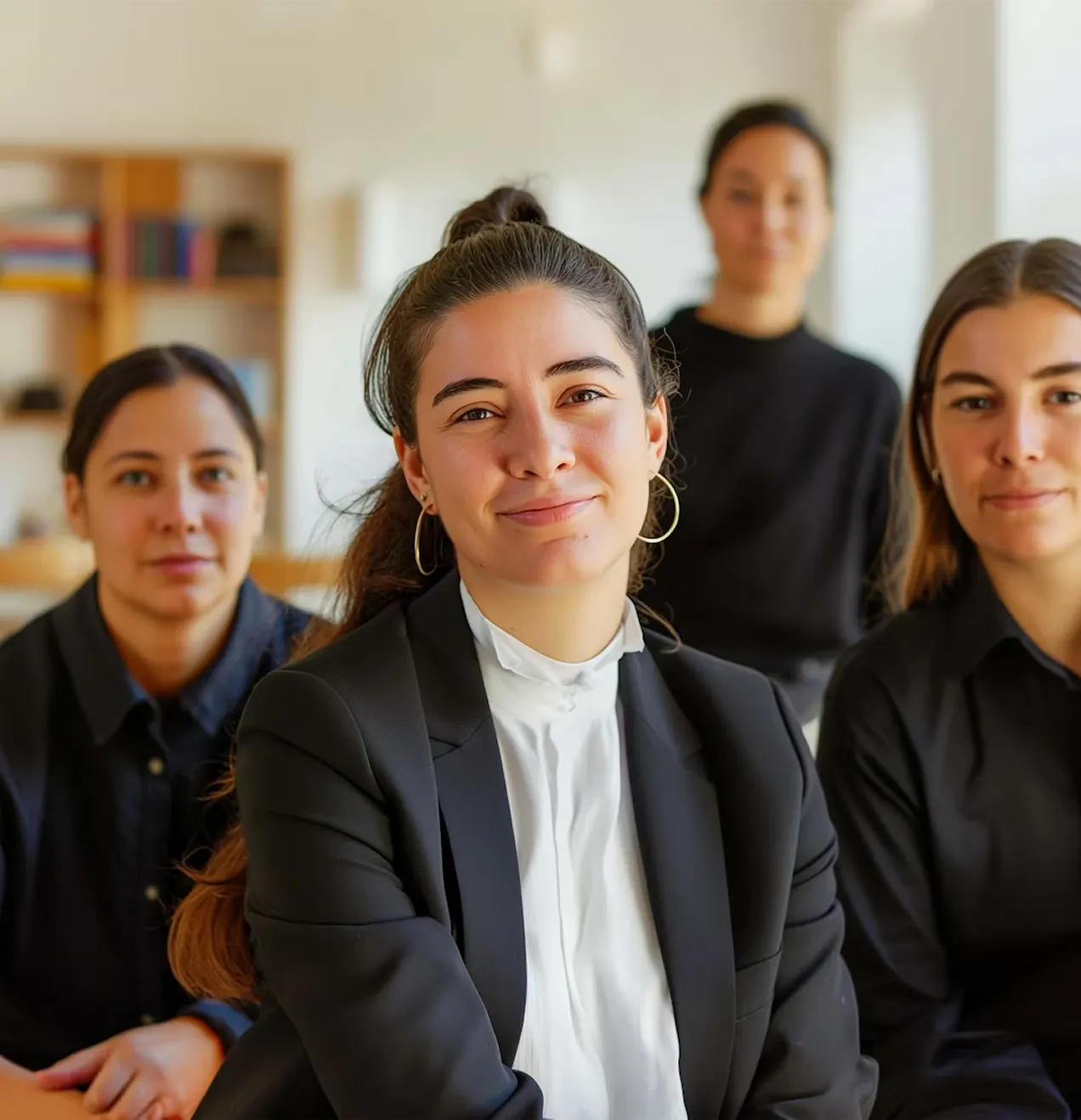 Group of four professional women in business attire, with one woman smiling confidently in front.