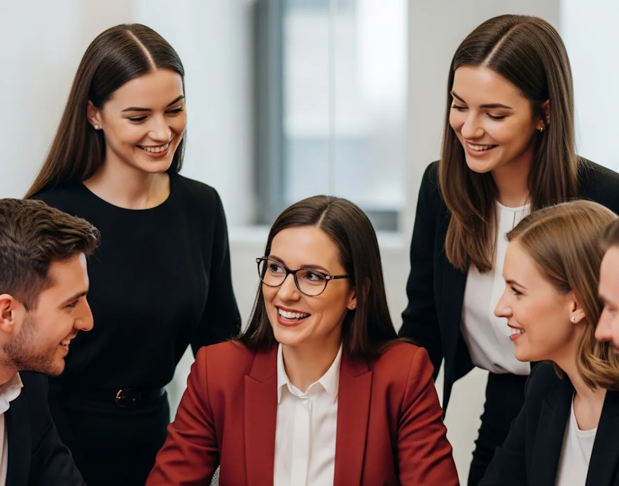 A group of five young professionals smiling and discussing in a modern office setting.