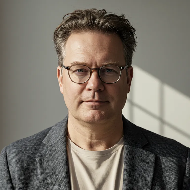 Middle-aged man with light brown hair and glasses wearing a gray blazer and beige shirt against a softly lit background.