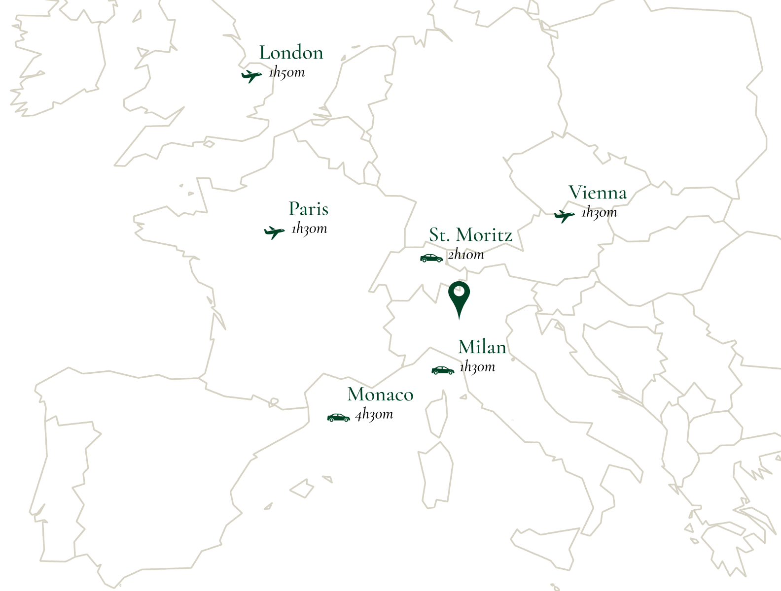 Map of Europe highlighting travel routes with airplane icons near London, Paris, and Vienna, and car icons near St. Moritz, Monaco, and Milan, with a location pin marking Milan.